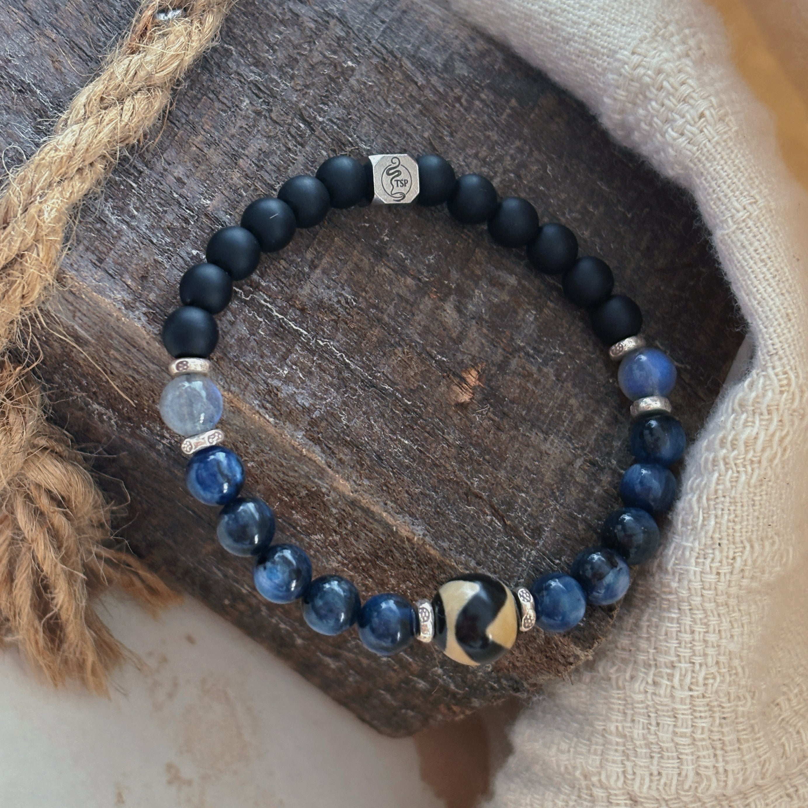 Ring Of Kailash Kyanite Obsidian With Tibetan Dzi Bead Bracelet