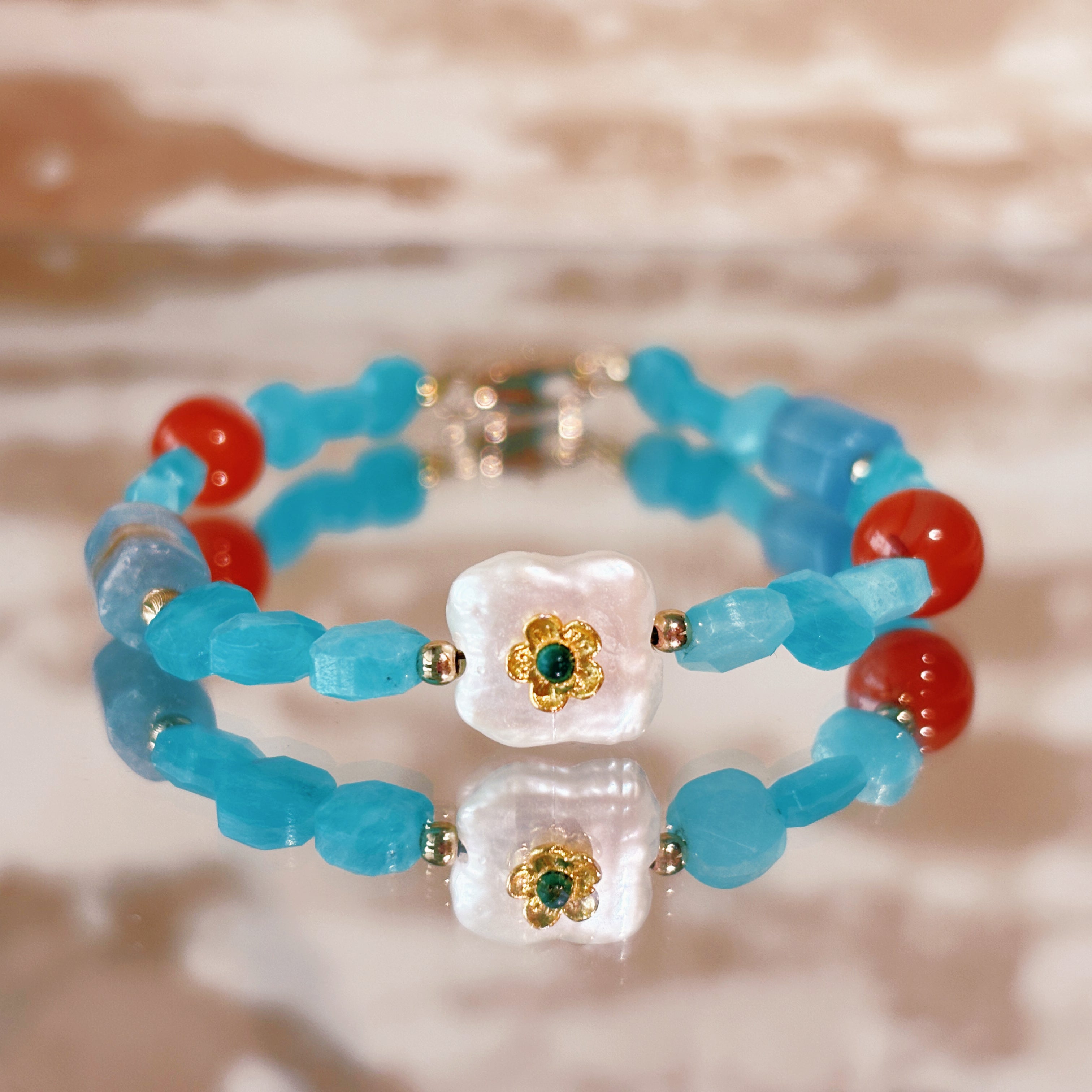 Spirit Drift Amazonite Blue Calcite Agate Baroque Pearl Wisdom Bracelet