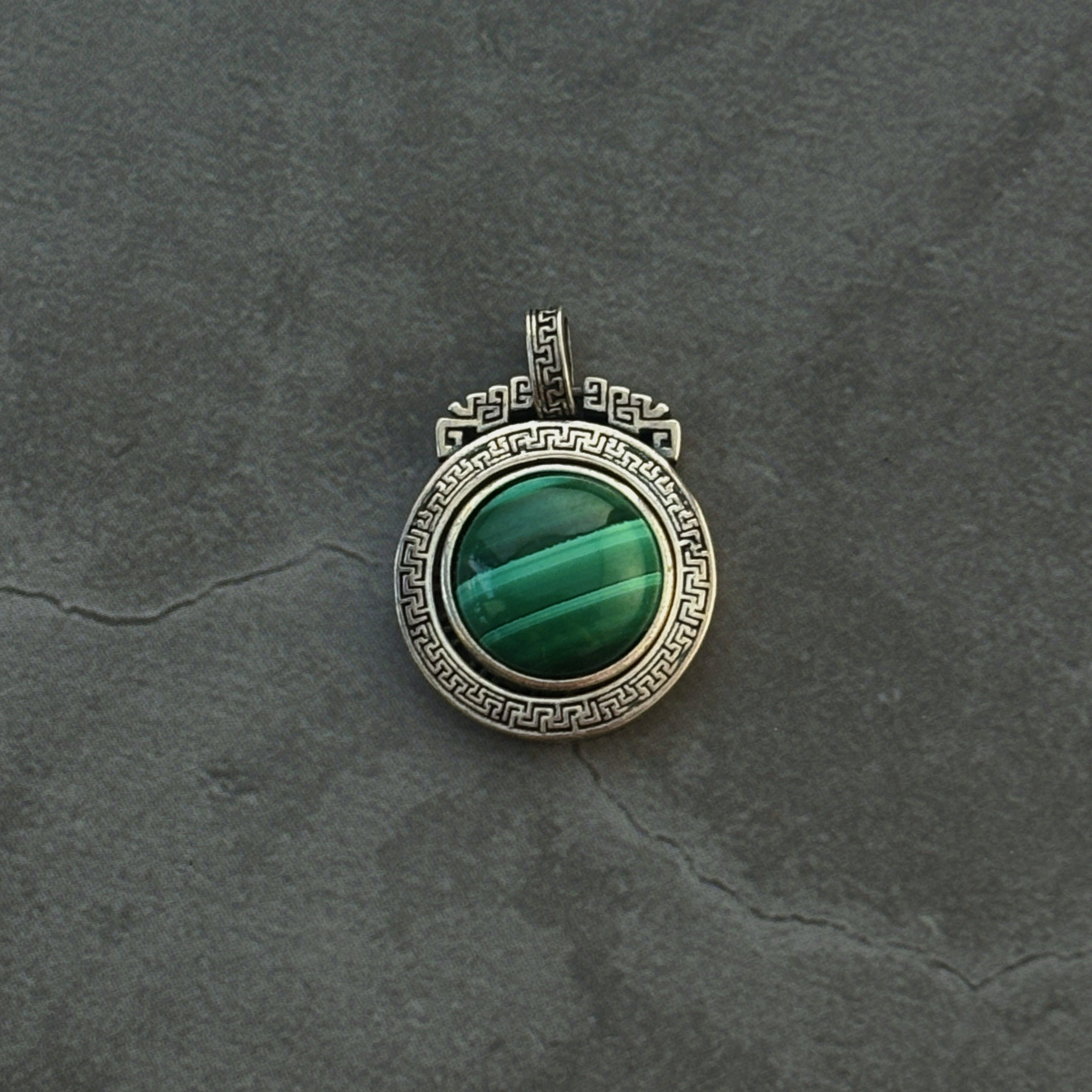 Malachite Rotating Pendant in 925 Sterling Silver Engraved Setting