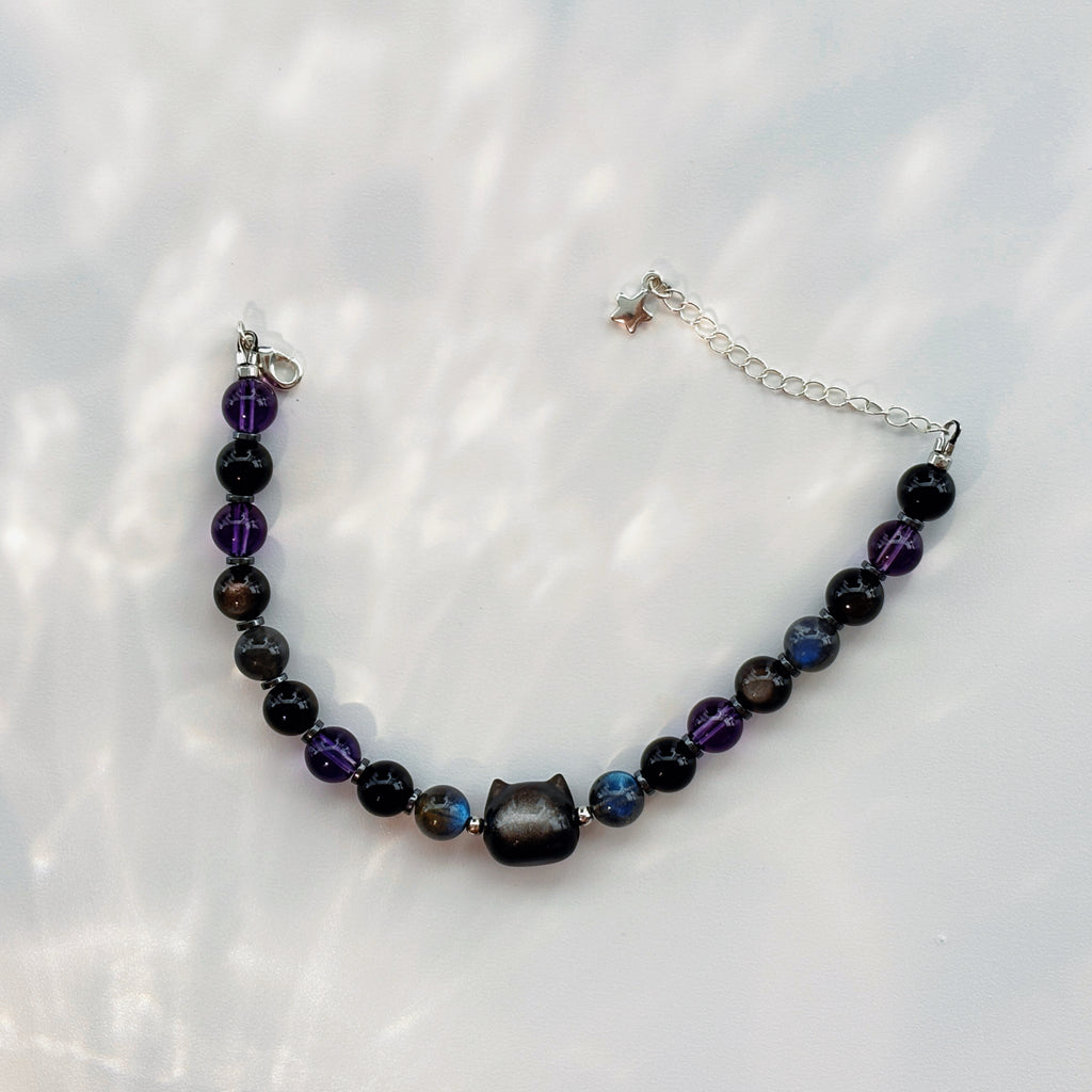 Black Cat Obsidian Amethyst Labradorite Crystal Bracelet