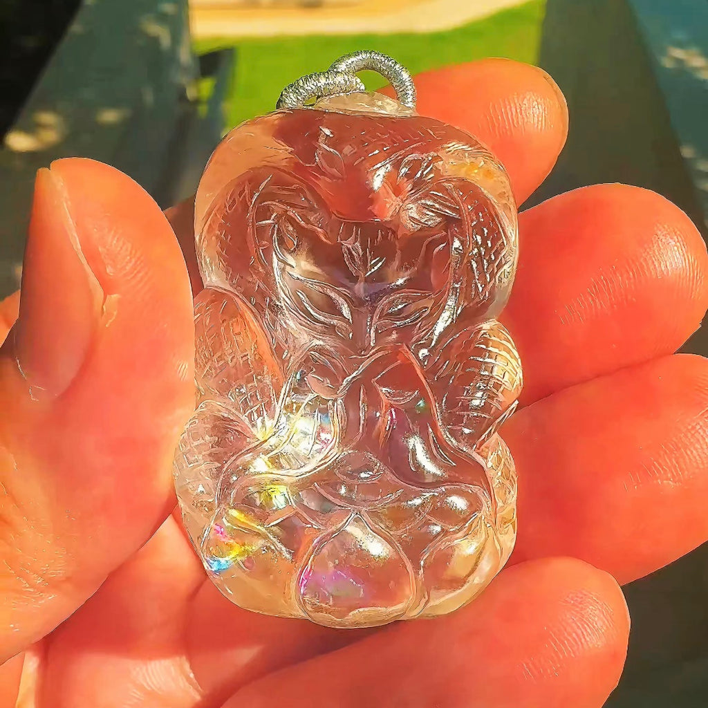 Spiritual Animal Hand Carved Rainbow Quartz Fox Serpent Talisman Pendant