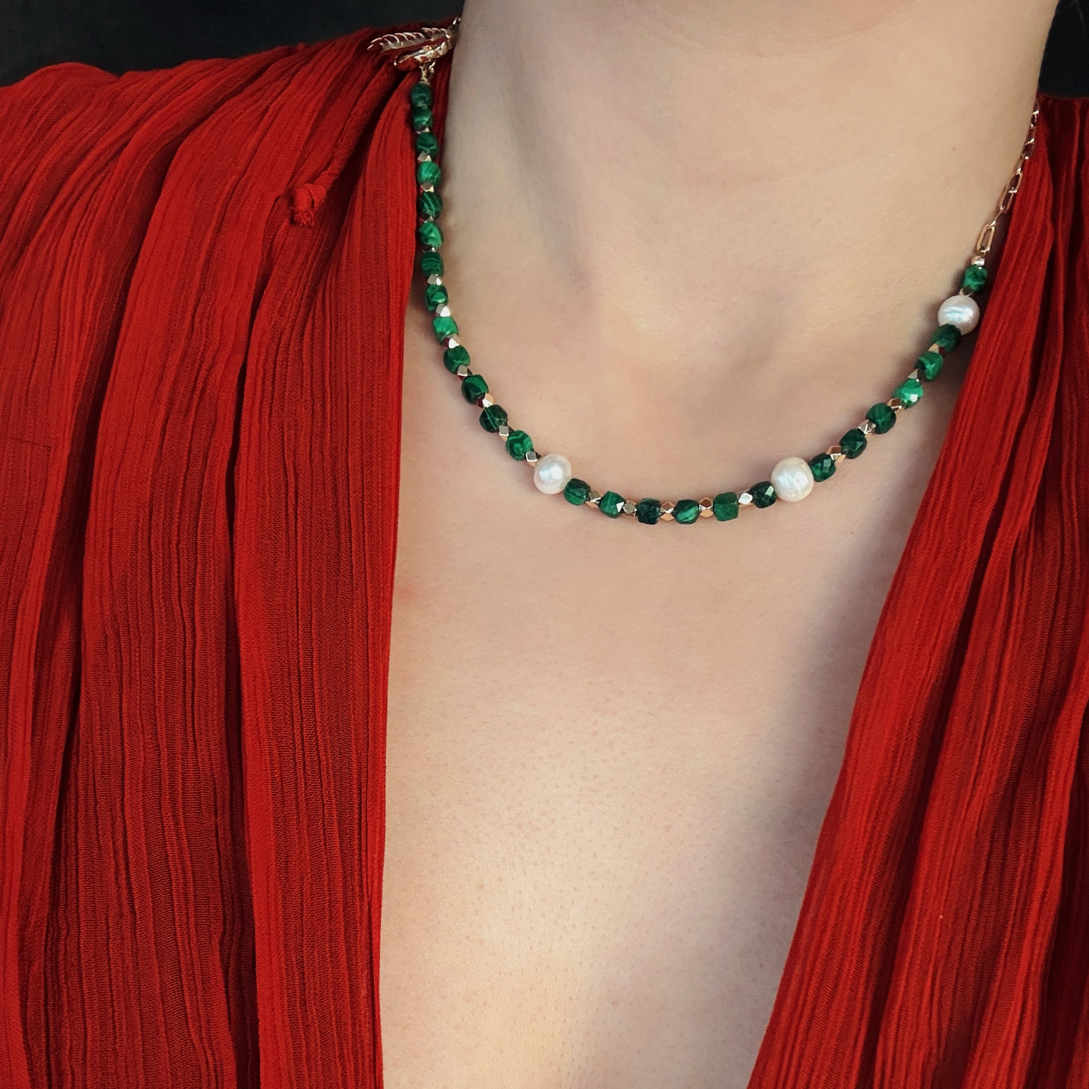 Lotus & Plume Faceted Malachite Pearl Transformation Necklace