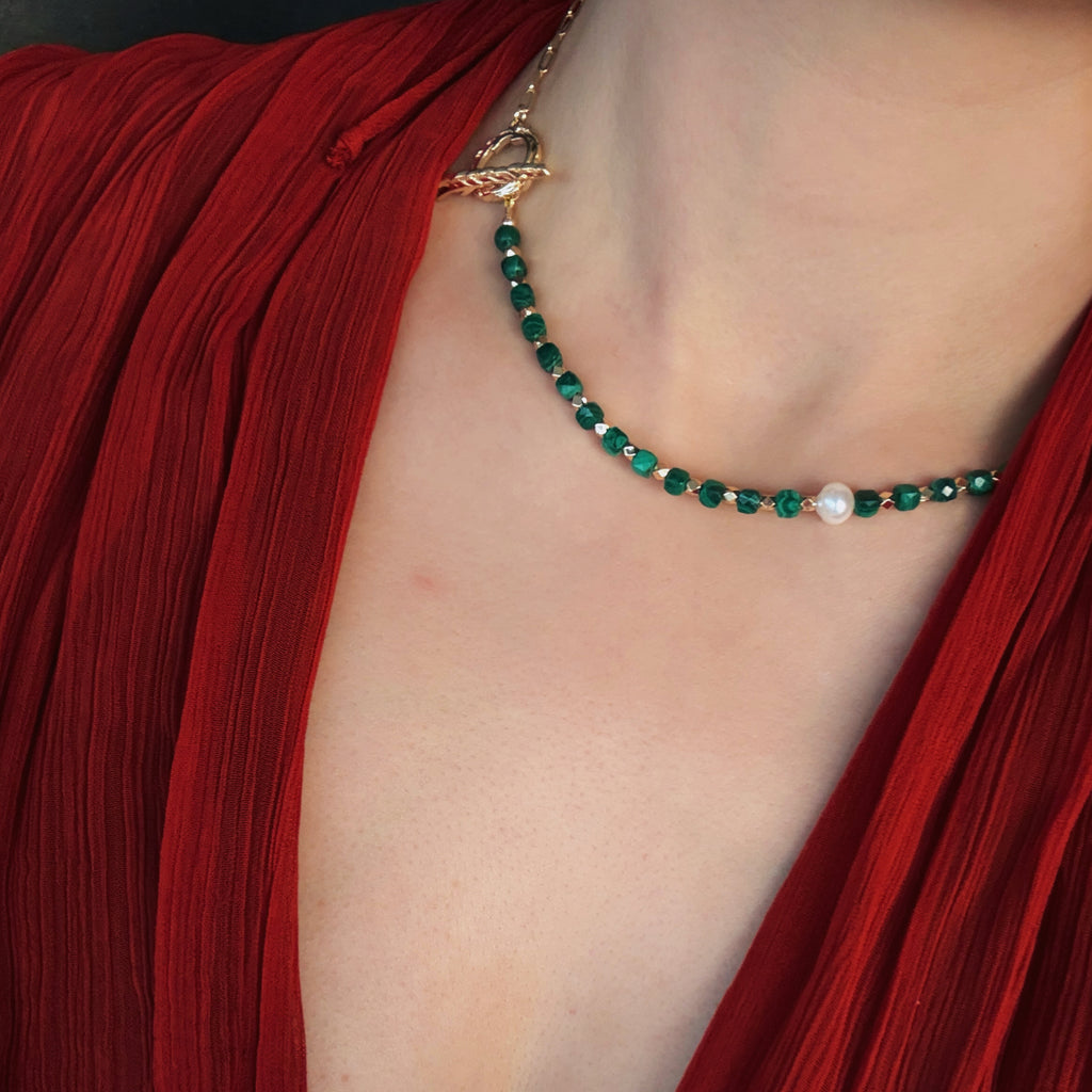 Spiritual Animal Faceted Malachite Pearl Lotus Necklace