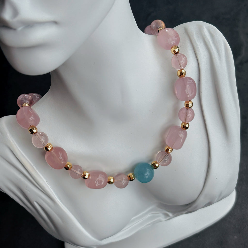 Luminous Bloom Rose Quartz Aquamarine Gentle Love Necklace