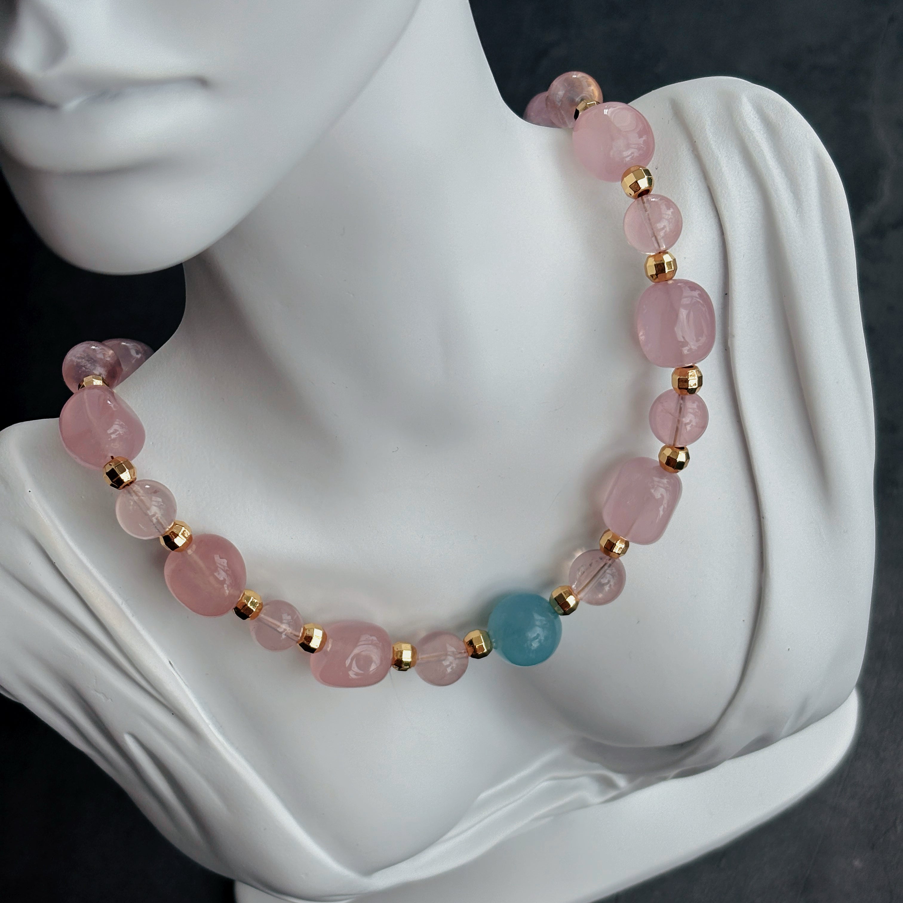 Luminous Bloom Rose Quartz Aquamarine Gentle Love Necklace