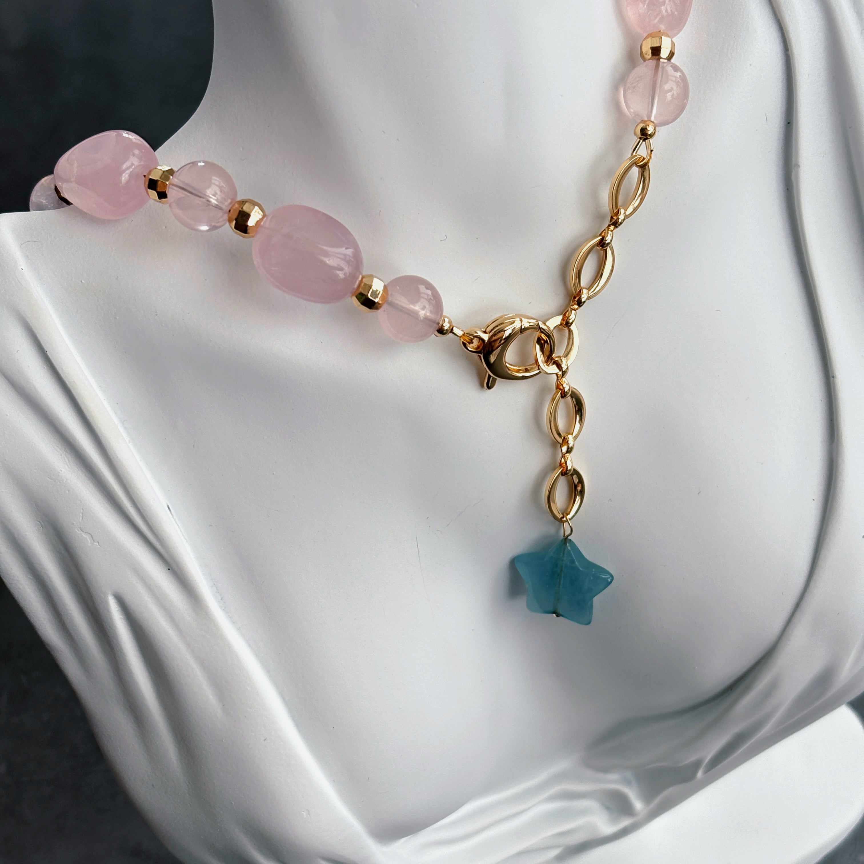 Luminous Bloom Rose Quartz Aquamarine Gentle Love Necklace