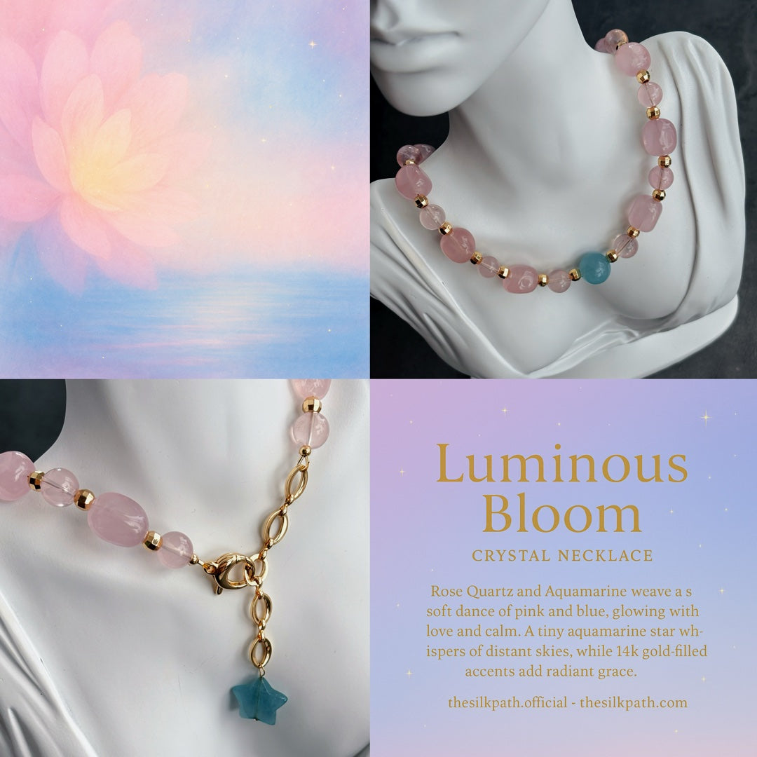 Luminous Bloom Rose Quartz Aquamarine Gentle Love Necklace
