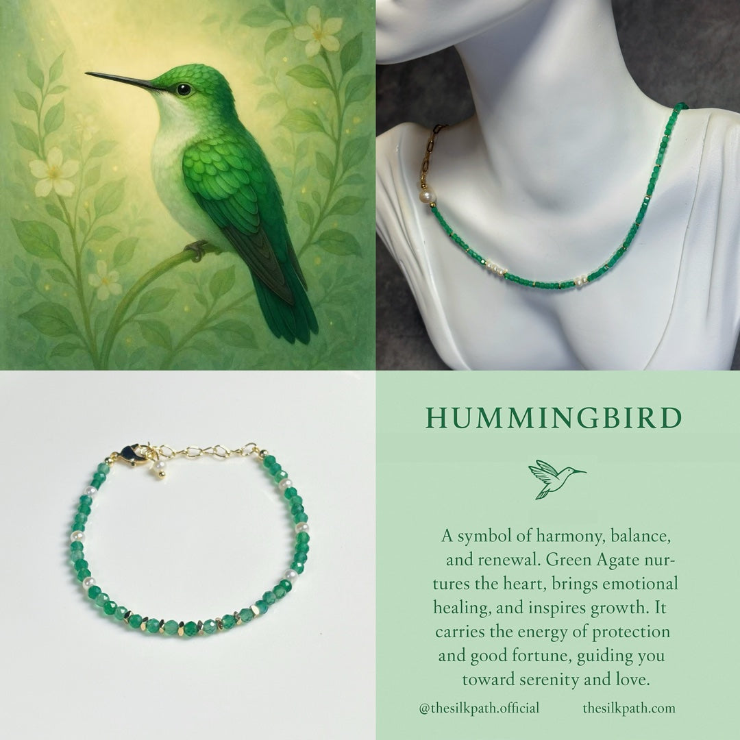Spiritual Animal Hummingbird Green Agate Renewal Necklace
