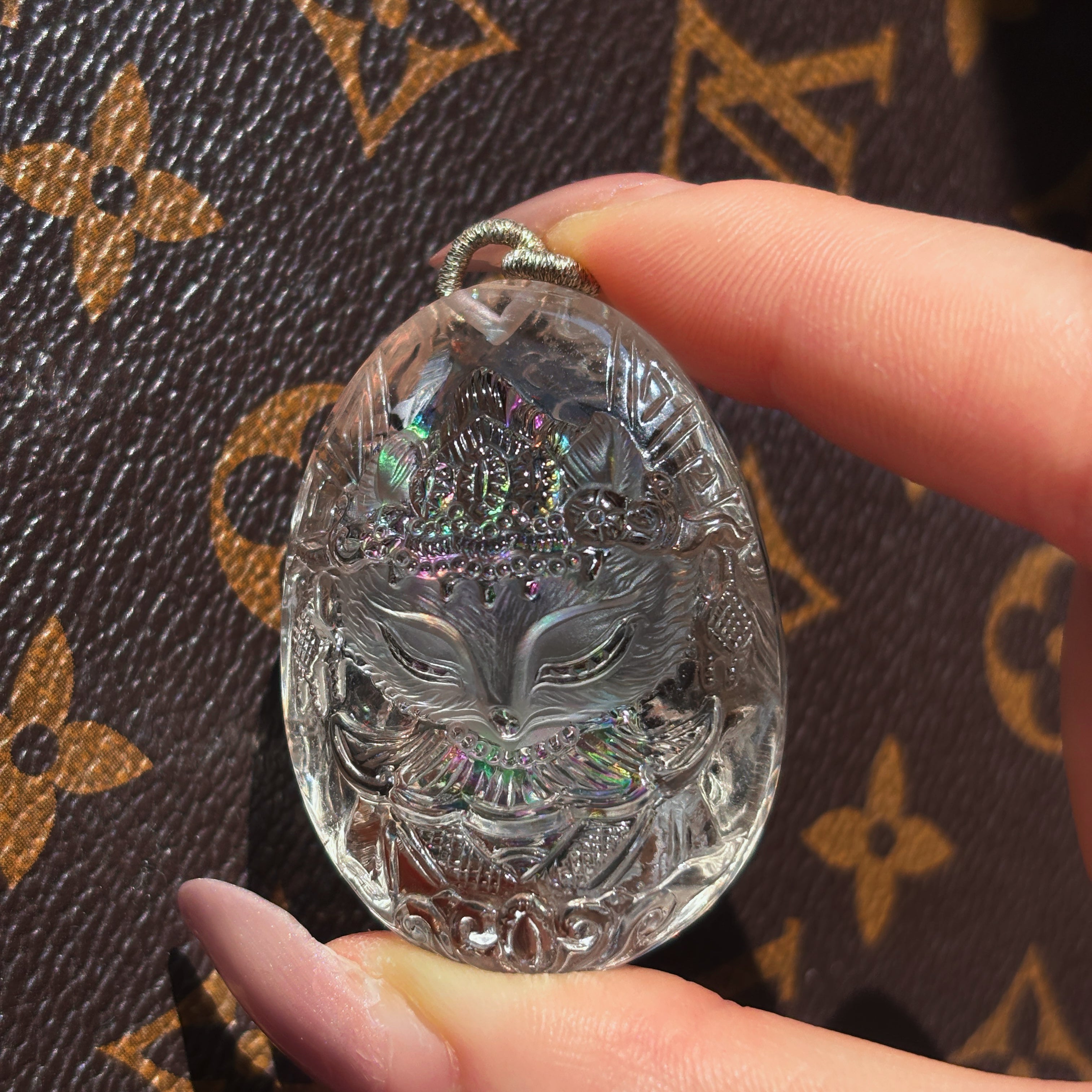 Spiritual Animal Fox King Hand Carved Rainbow Clear Quartz Talisman Pendant
