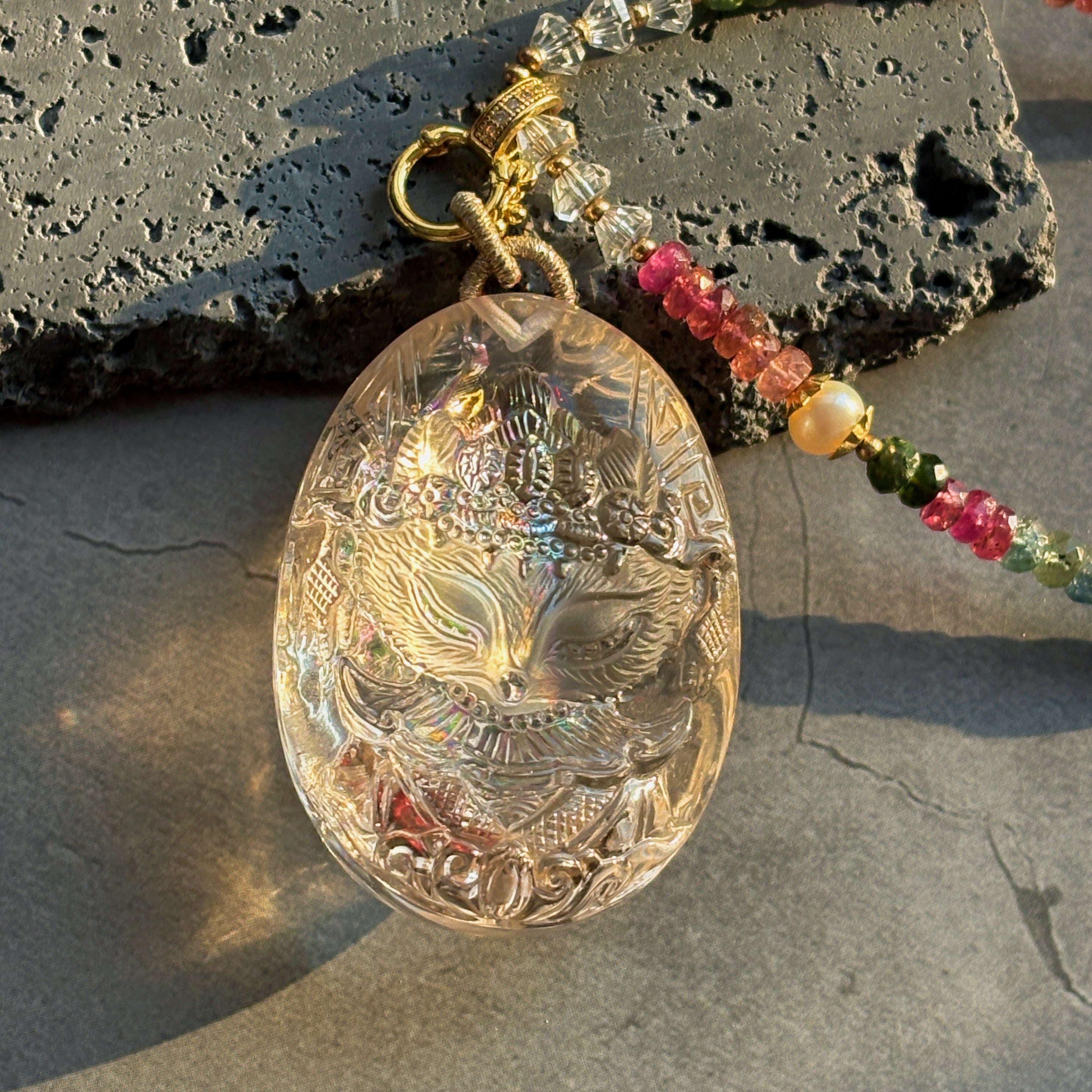 Spiritual Animal Fox King Hand Carved Rainbow Clear Quartz Talisman Pendant