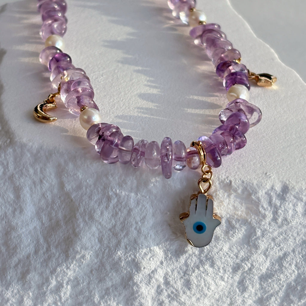 Dream Guardian Amethyst Pearl Hamsa Necklace