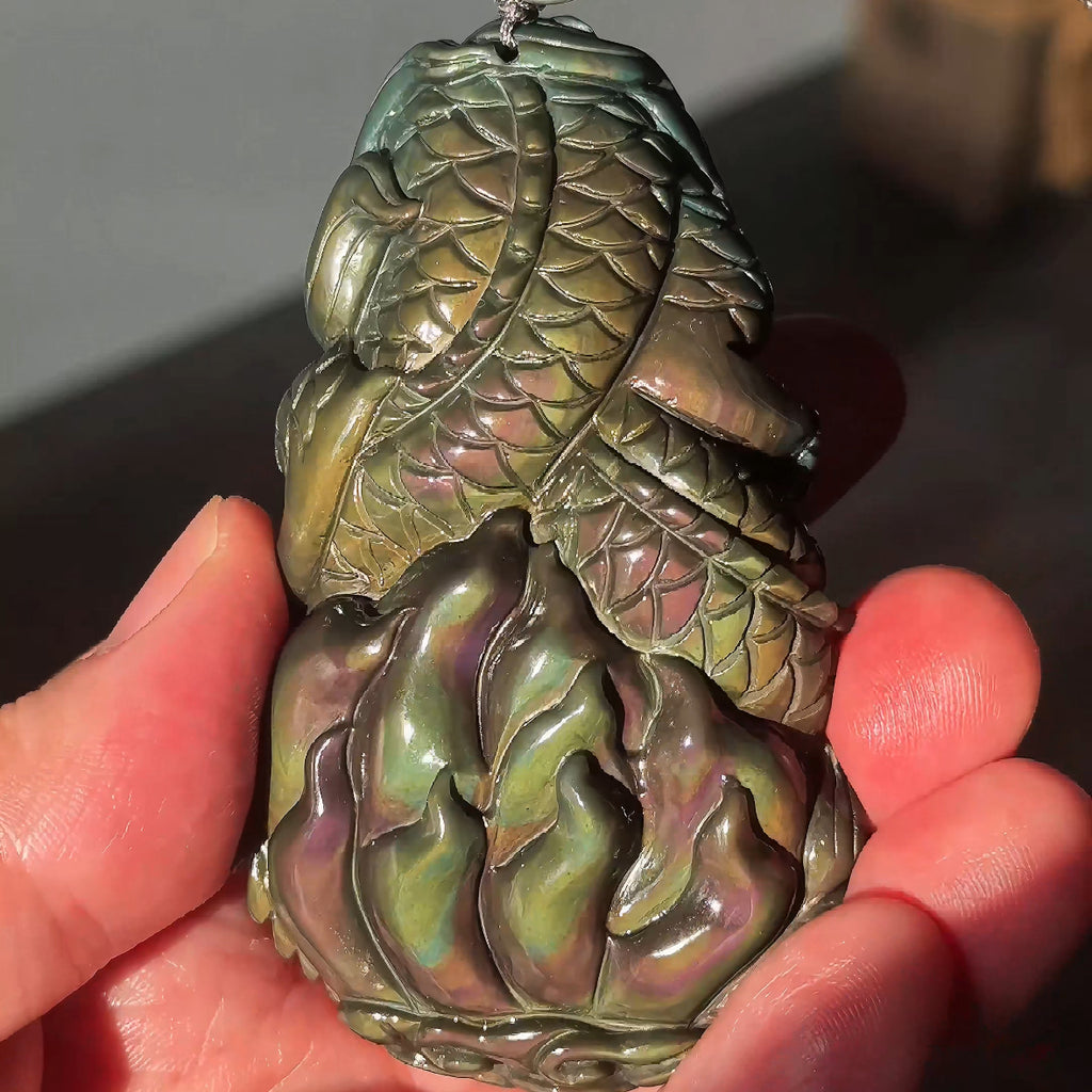 Spiritual Animal Dragon Fox Guardian Hand Carved Rainbow Obsidian Pendant