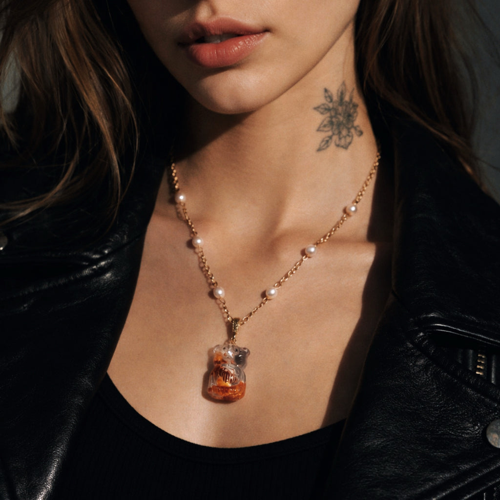 Spiritual Animal Honey Quartz Bear Pendant Pearl Necklace