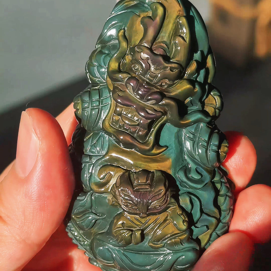 Spiritual Animal Dragon Fox Guardian Hand Carved Rainbow Obsidian Pendant