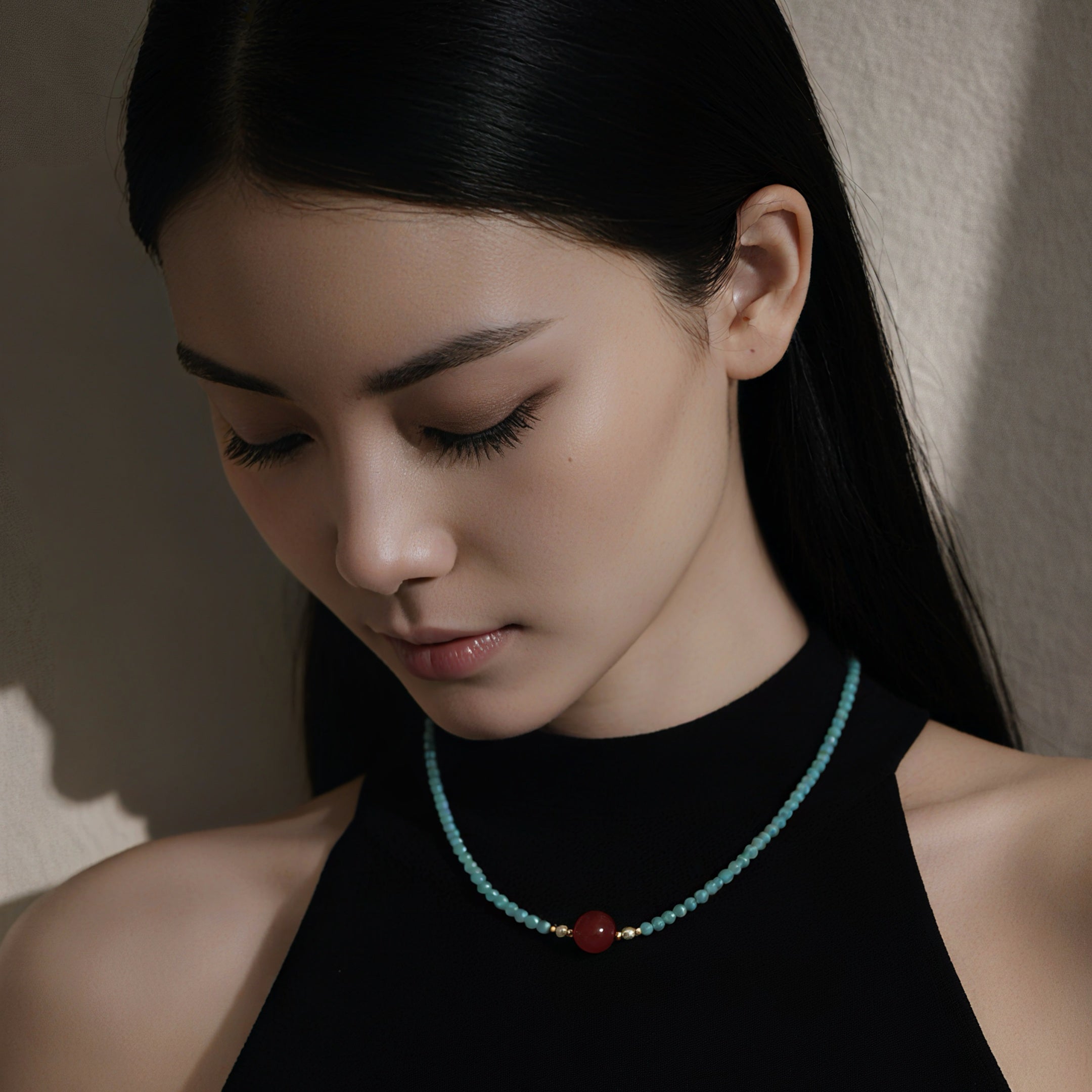 Mystic Himalayan Heart of Yamdrok Amazonite Garnet Necklace