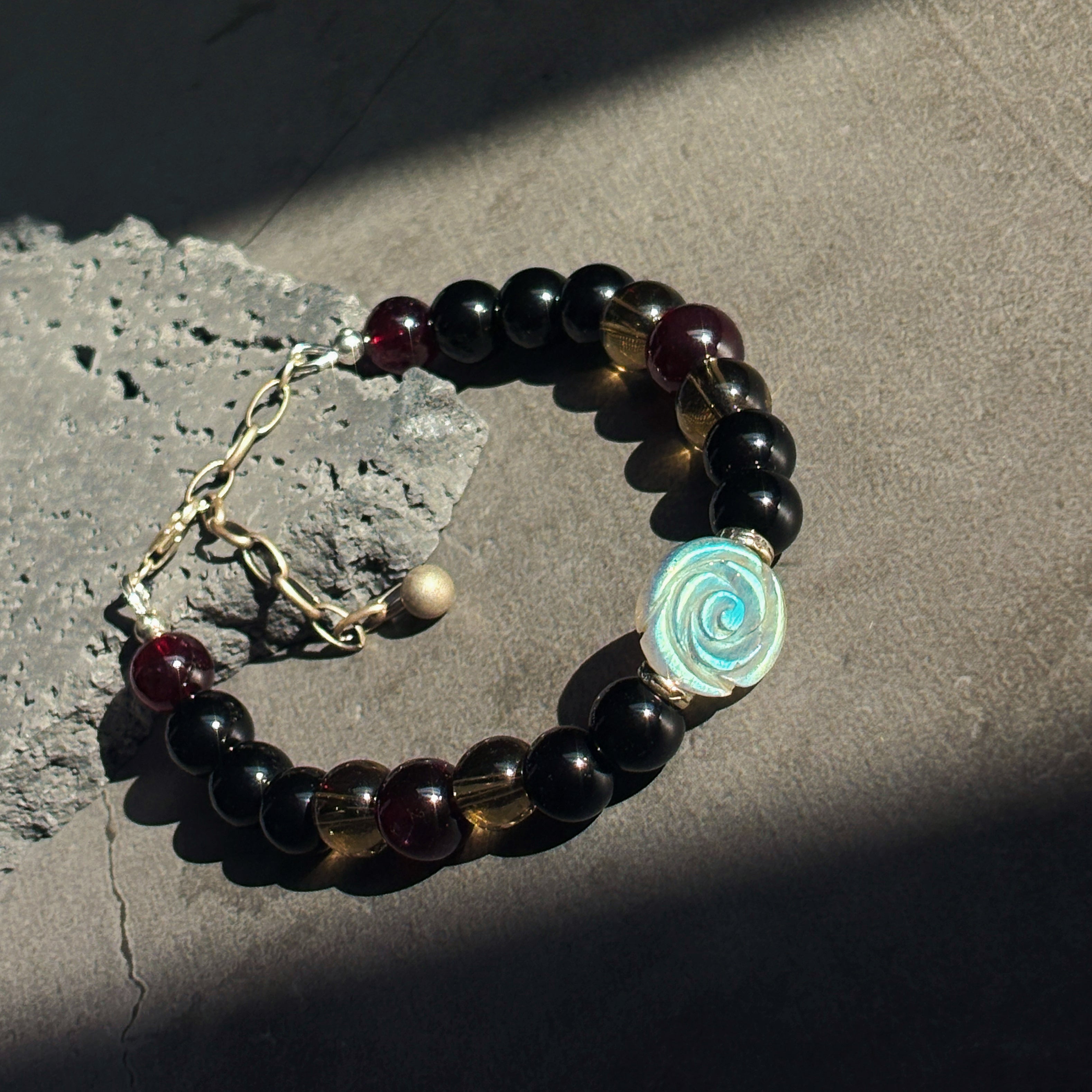Black Rose Obsidian Labradorite Rose Carving Bracelet