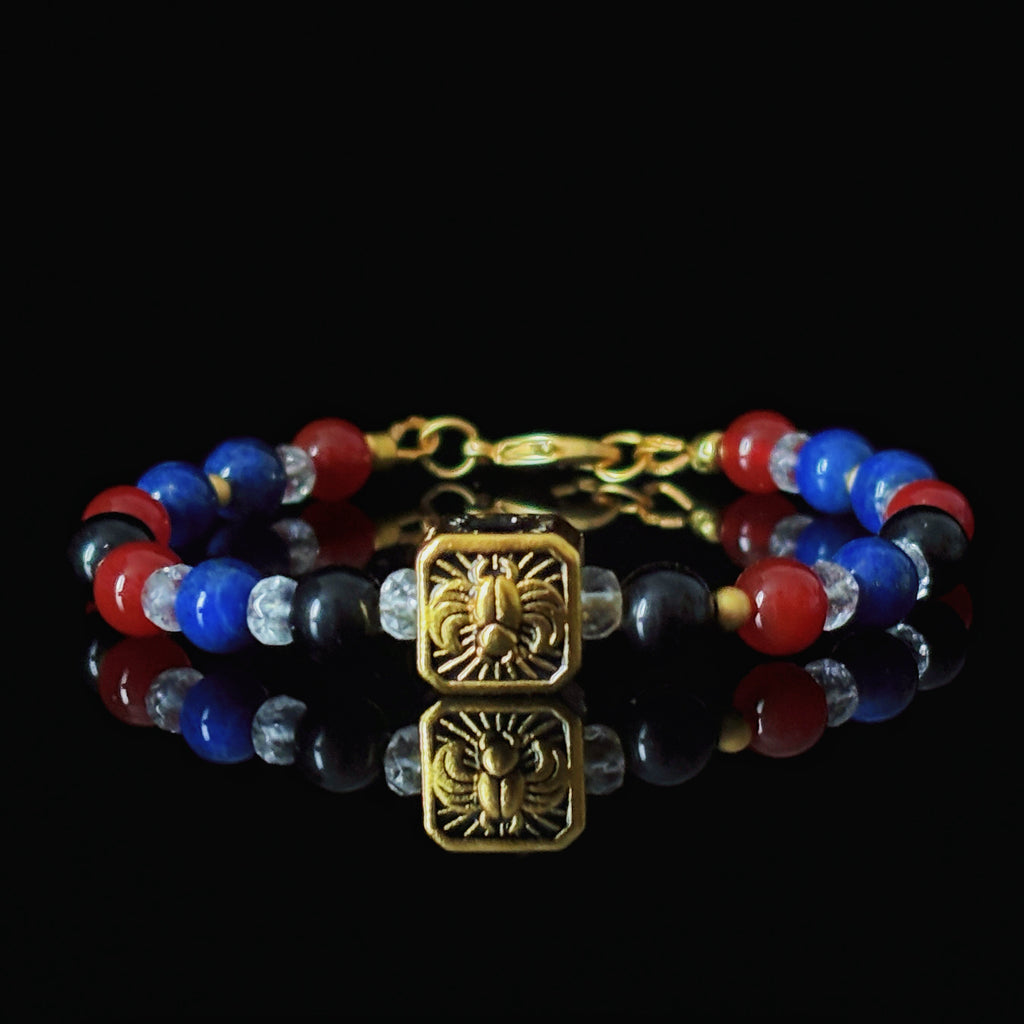 Silk Road Relic Scarab Power Lapis Lazuli Carnelian Clear Quartz Bracelet