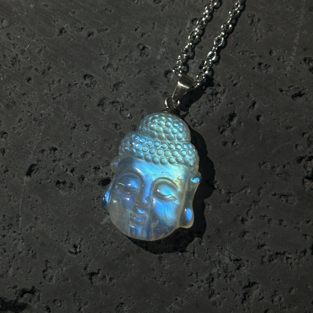 Moonveil Buddha Gemstone-grade blue moonstone Pedant