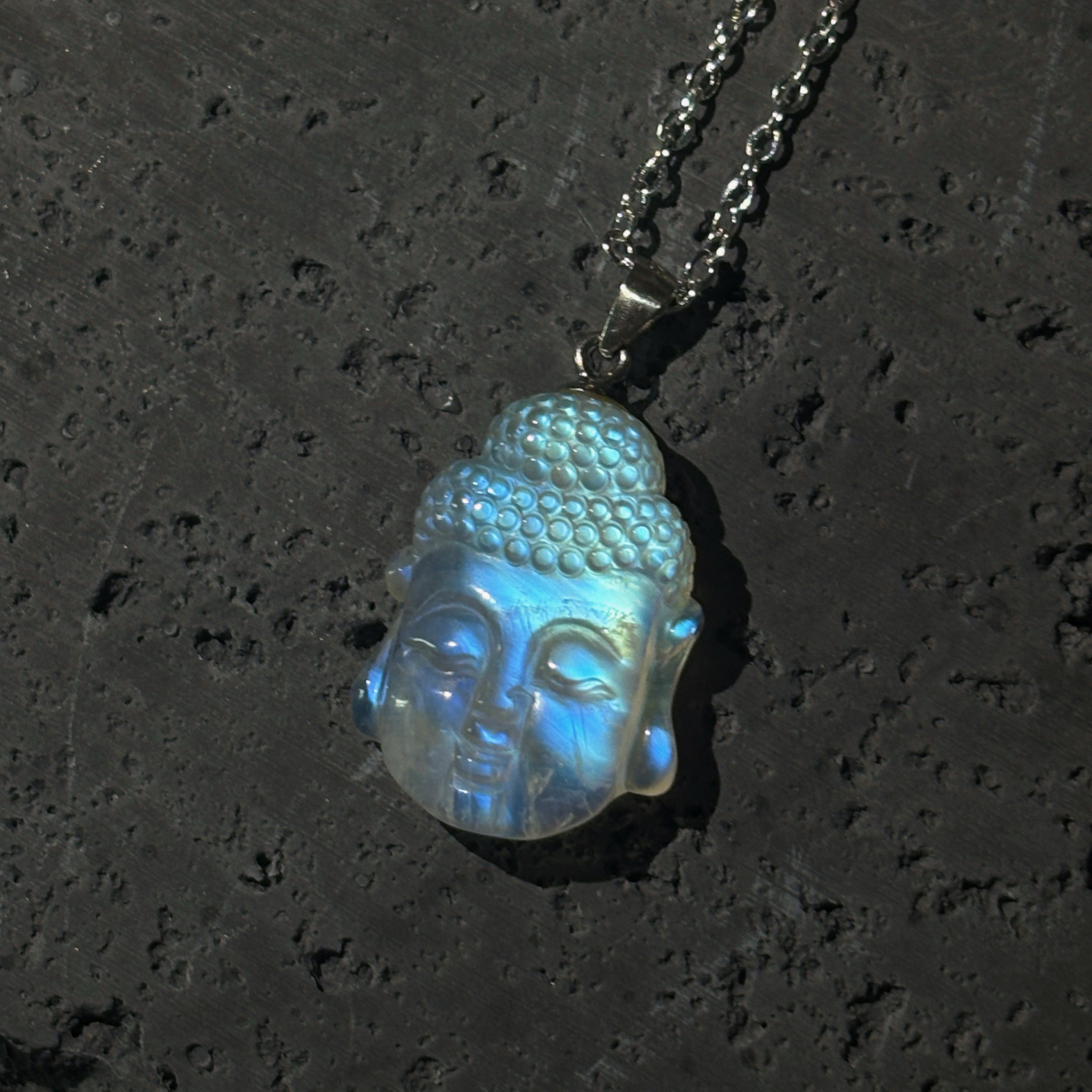 Moonveil Buddha Gemstone-grade blue moonstone Pedant