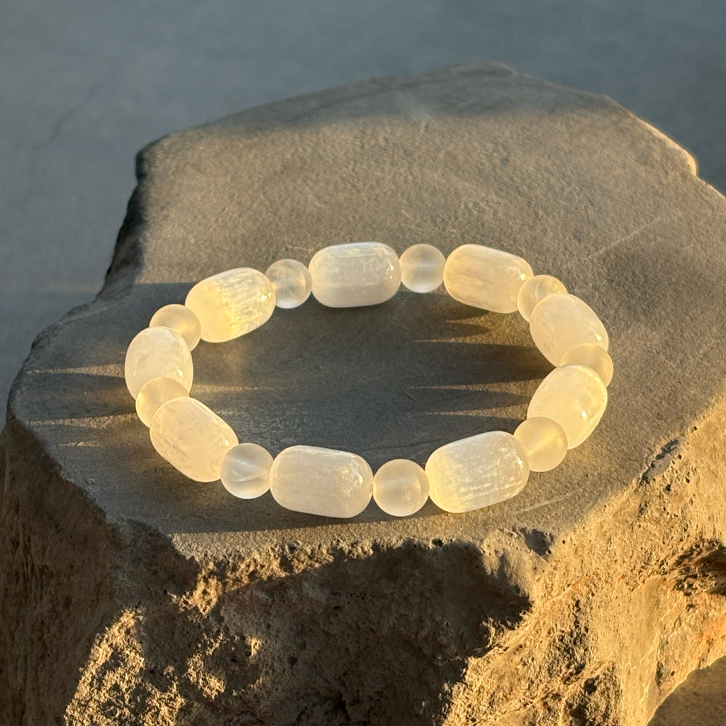 Sacred Crown Chakra Selenite Matte Clear Quartz Bracelet