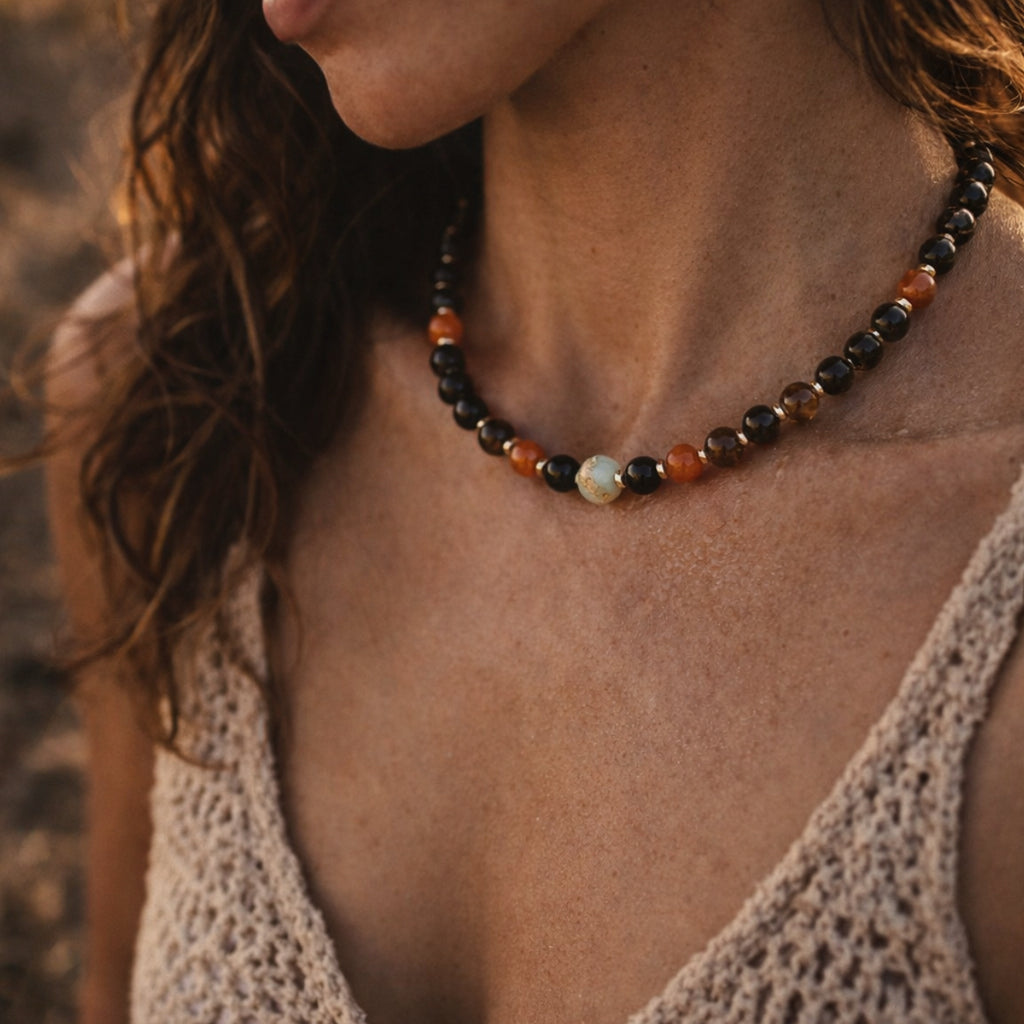 Silk Road Relic Guardian of a Thousand Buddhas Obsidian Smoky Quartz Topaz Necklace