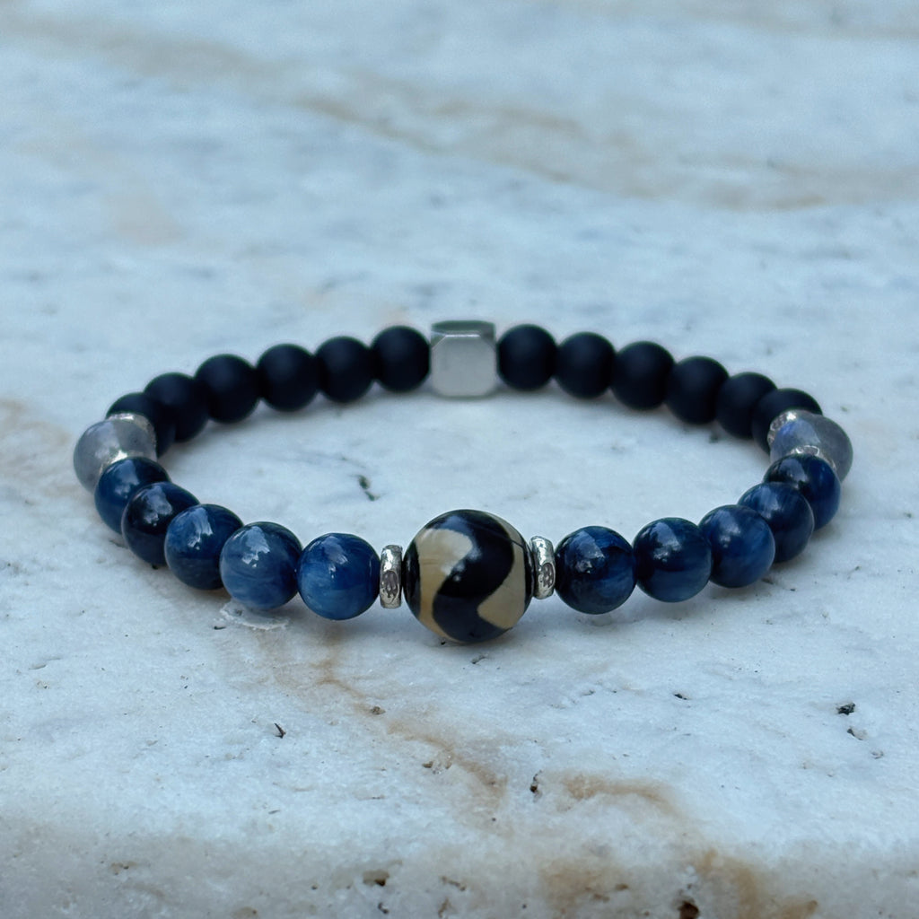 Mystic Himalayan Ring of Kailash Kyanite Obsidian Tibetan Dzi Bead Bracelet