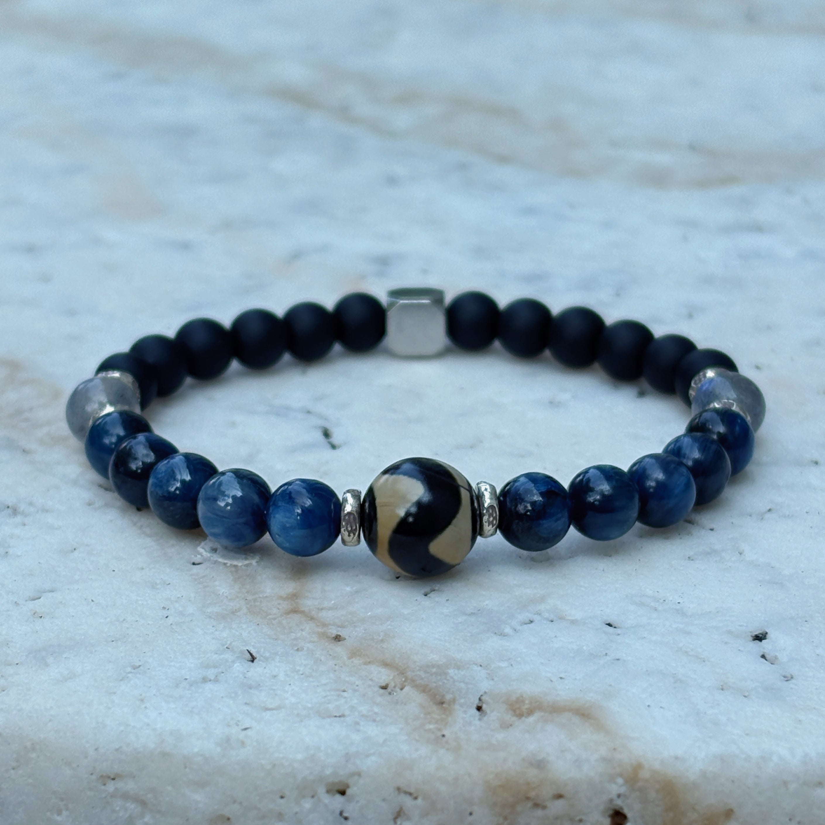 Mystic Himalayan Ring of Kailash Kyanite Obsidian Tibetan Dzi Bead Bracelet