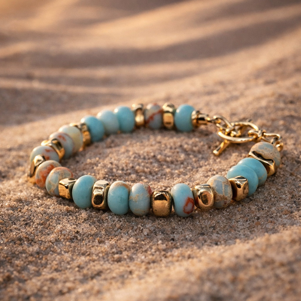 Silk Road Relic Azure in the Desert Aqua Terra Jasper Hematite Serenity Bracelet