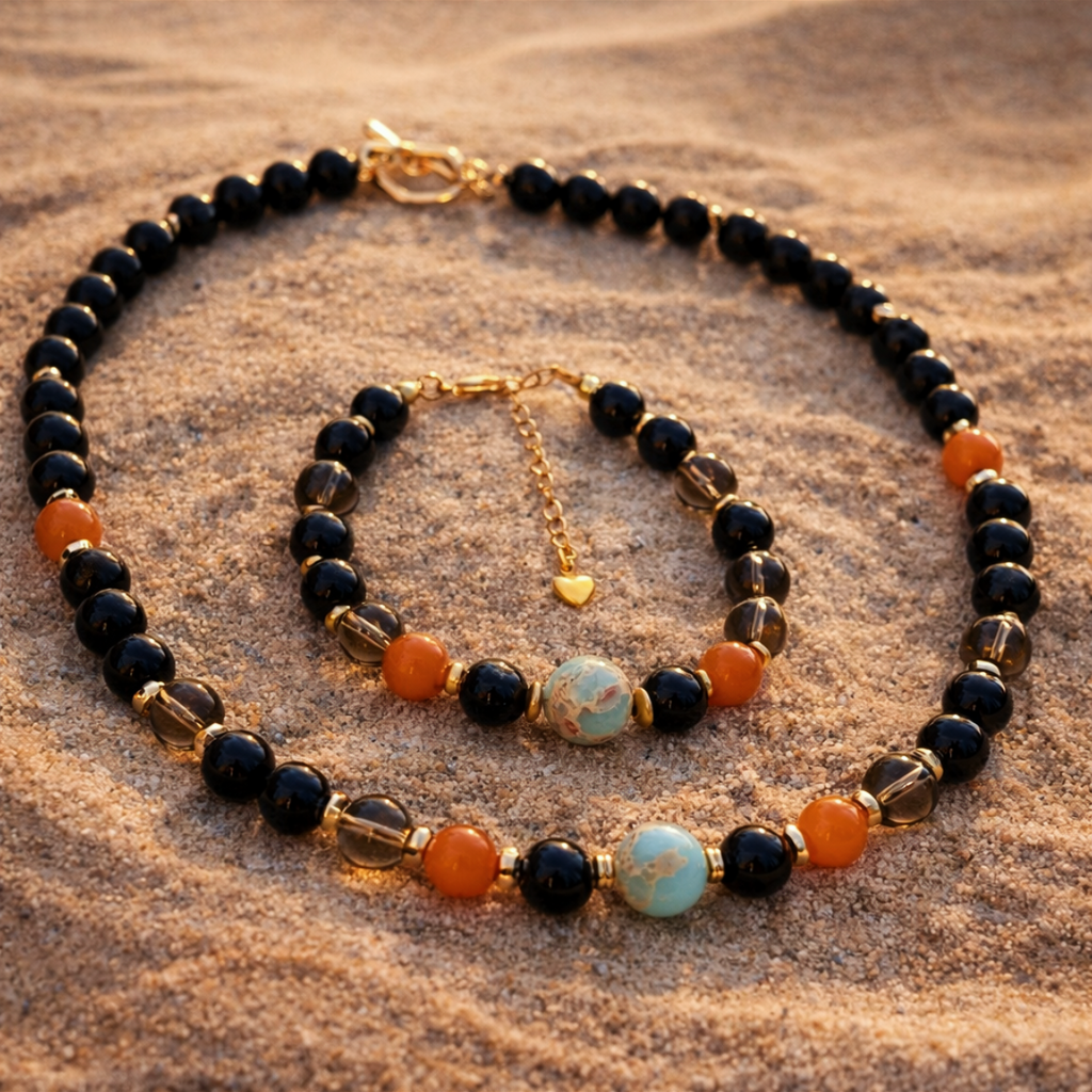 Silk Road Relic Guardian of a Thousand Buddhas Obsidian Smoky Quartz Topaz Necklace