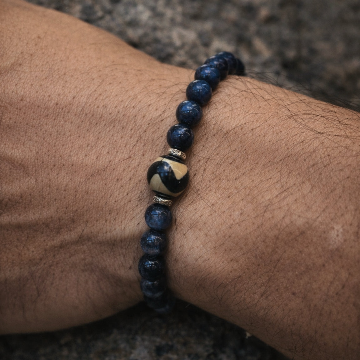 Mystic Himalayan Ring of Kailash Kyanite Obsidian Tibetan Dzi Bead Bracelet