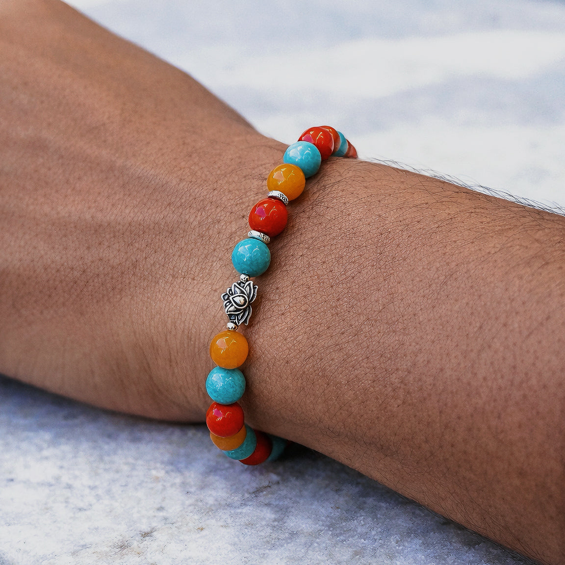 Mystic Himalayan Radiance of Manasarovar Amazonite Cinnabar Yellow Jade Bracelet