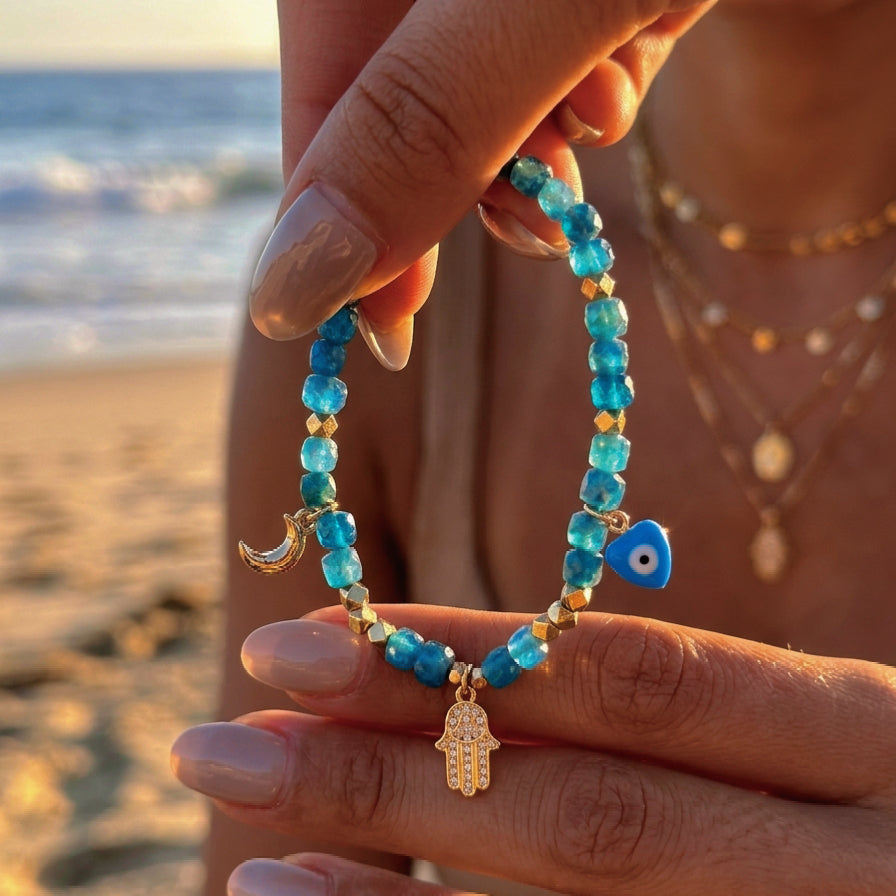 Magic Series Faceted Blue Apatite Evil Eye Hamsa Moon Bracelet