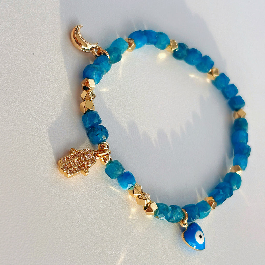 Magic Series Faceted Blue Apatite Evil Eye Hamsa Moon Bracelet