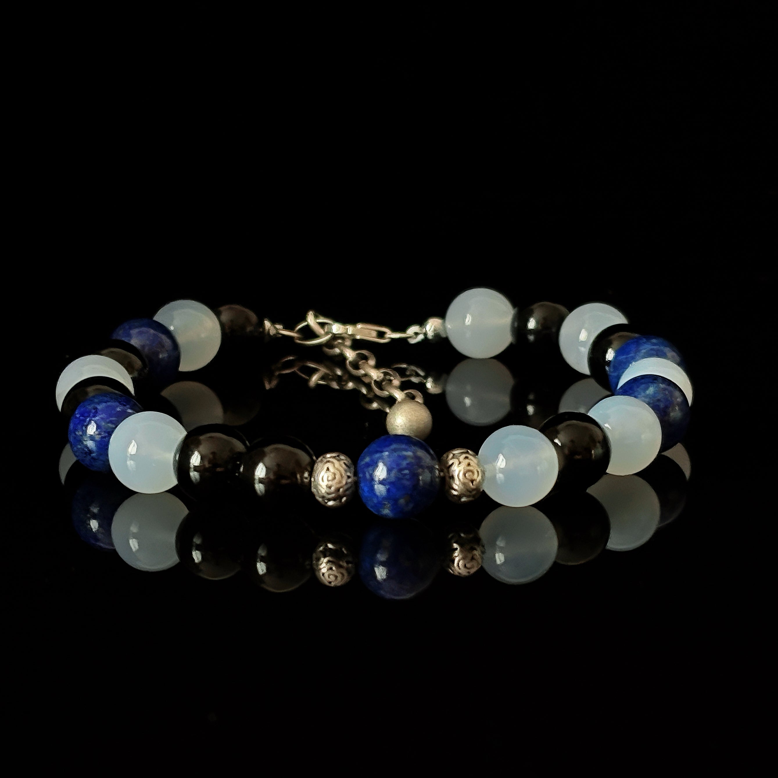 Mystic Himalayan Light of Yamdrok Lapis Lazuli Blue Chalcedony Obsidian Clarity Bracelet