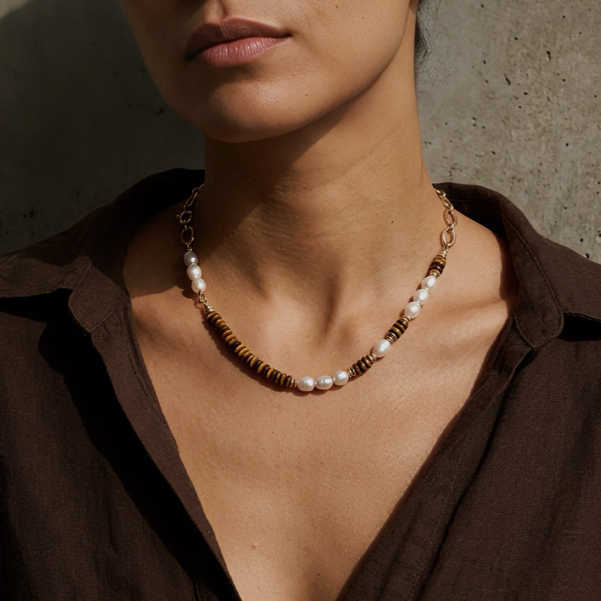 Spiritual Animal Tiger Eye Pearl Strength Necklace