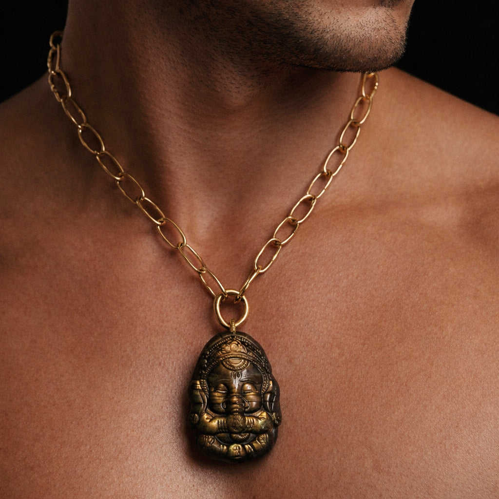 Sentinel Hand Carved Shadow and Light Ganesha Labradorite Pendant