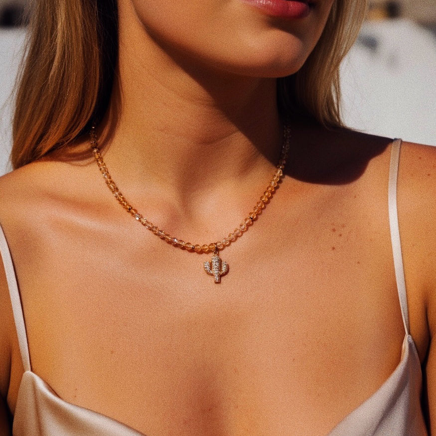 Luminous Desert Light Citrine Gold Filled Cactus Pendant Necklace
