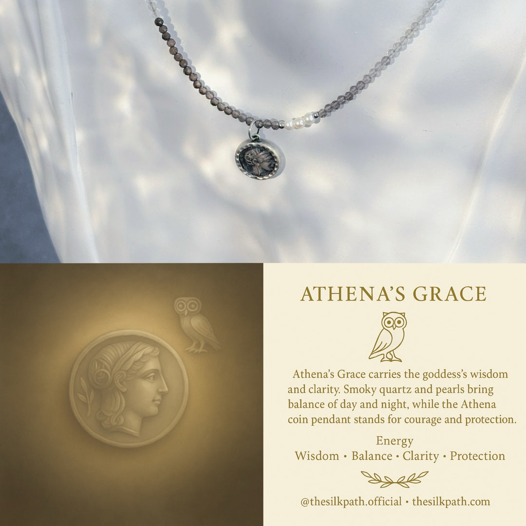 Athena’s Grace Smoky Quartz Pearl Ancient Silver Coin Wisdom Necklace
