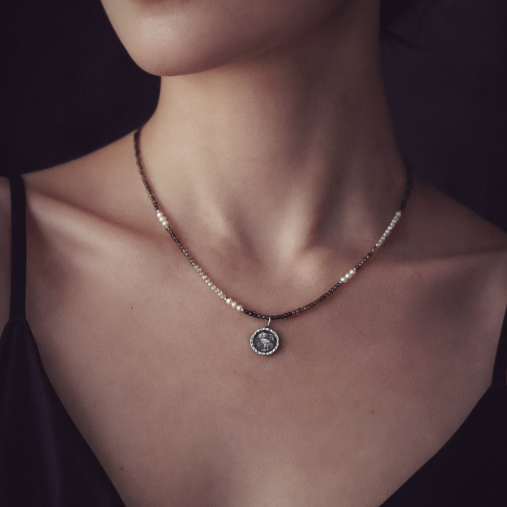 Sentinel Athena Grace Smoky Quartz Pearl Ancient Silver Coin Wisdom Necklace