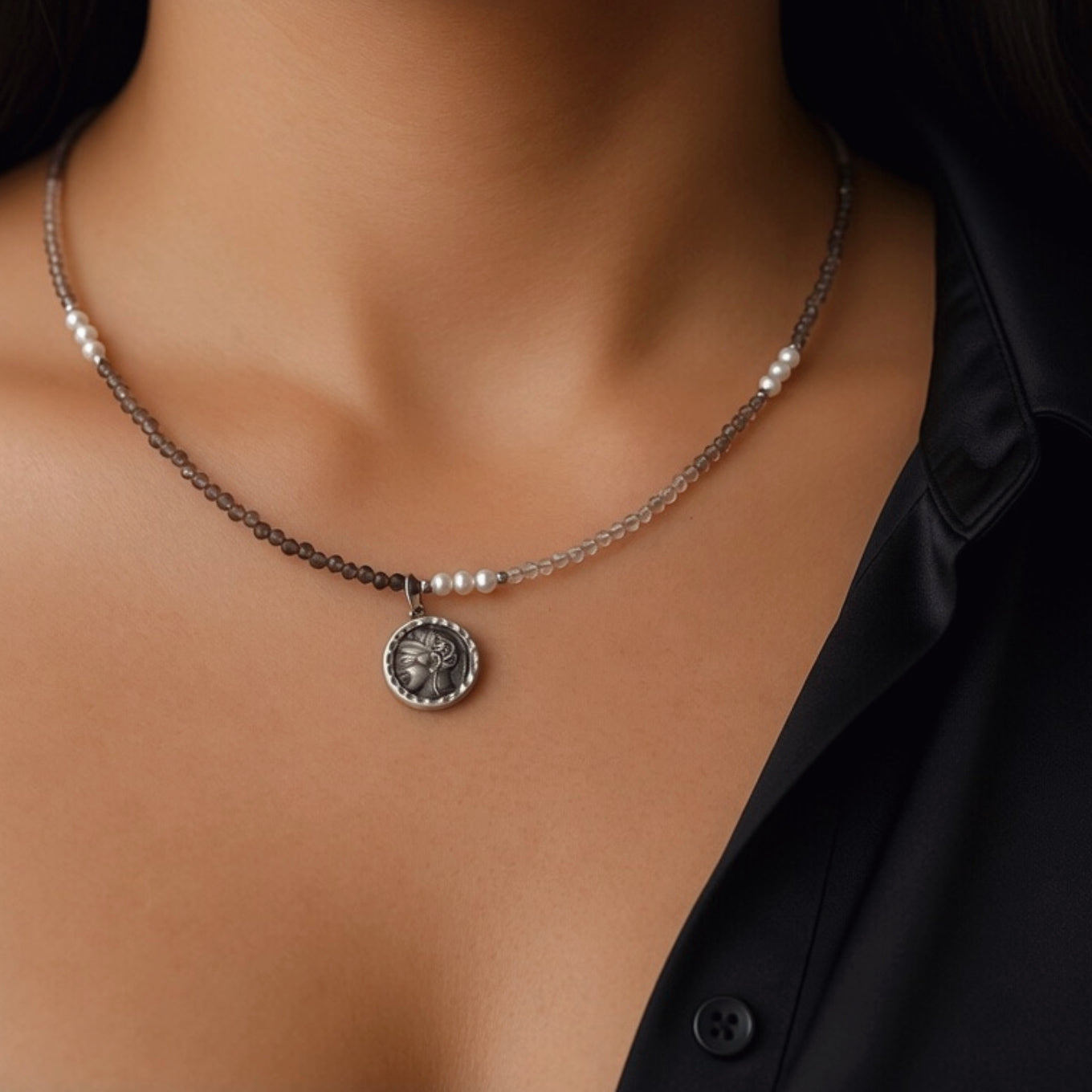 Sentinel Athena Grace Smoky Quartz Pearl Ancient Silver Coin Wisdom Necklace