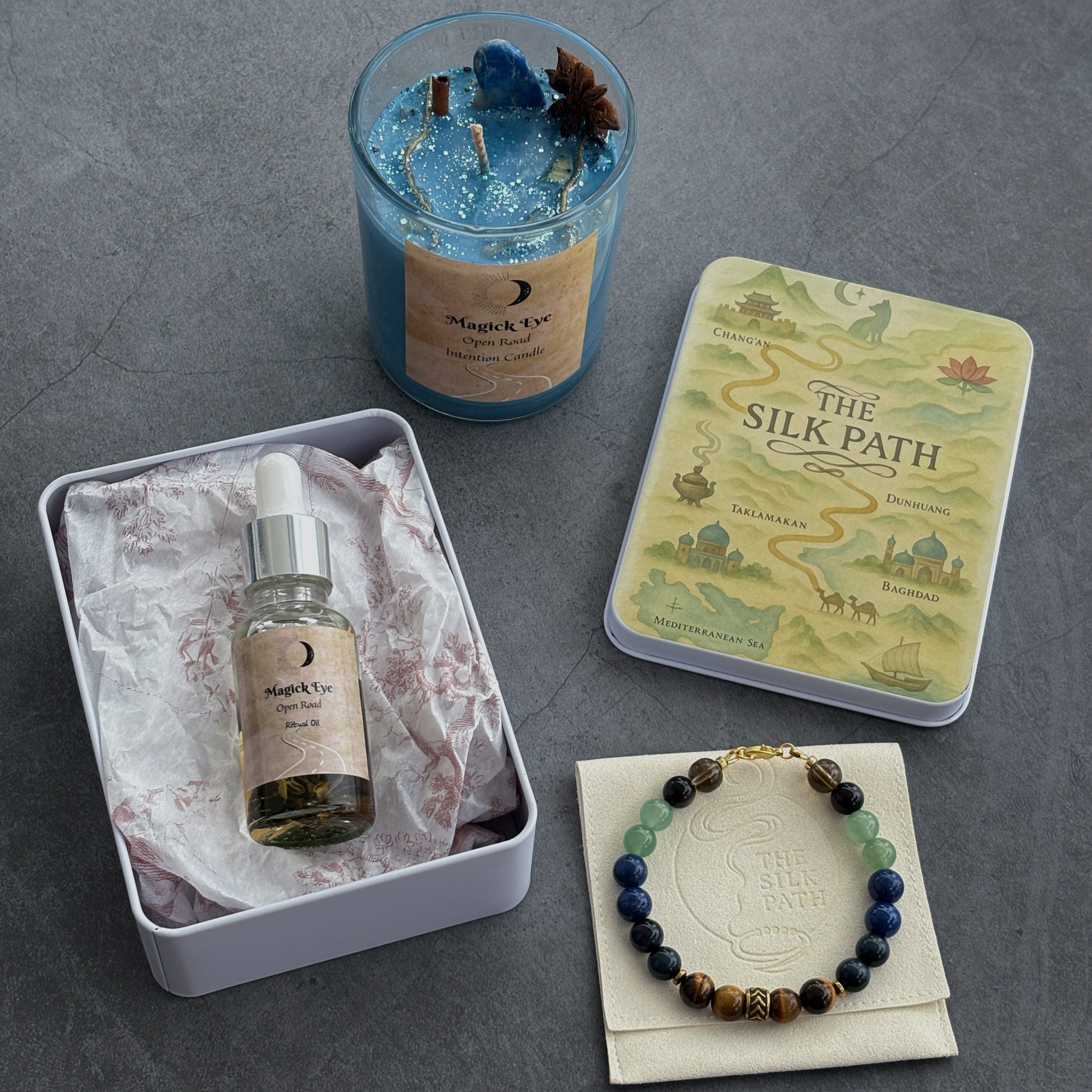 Open Road Ritual Set Candle Oil & Crystal Bracelet