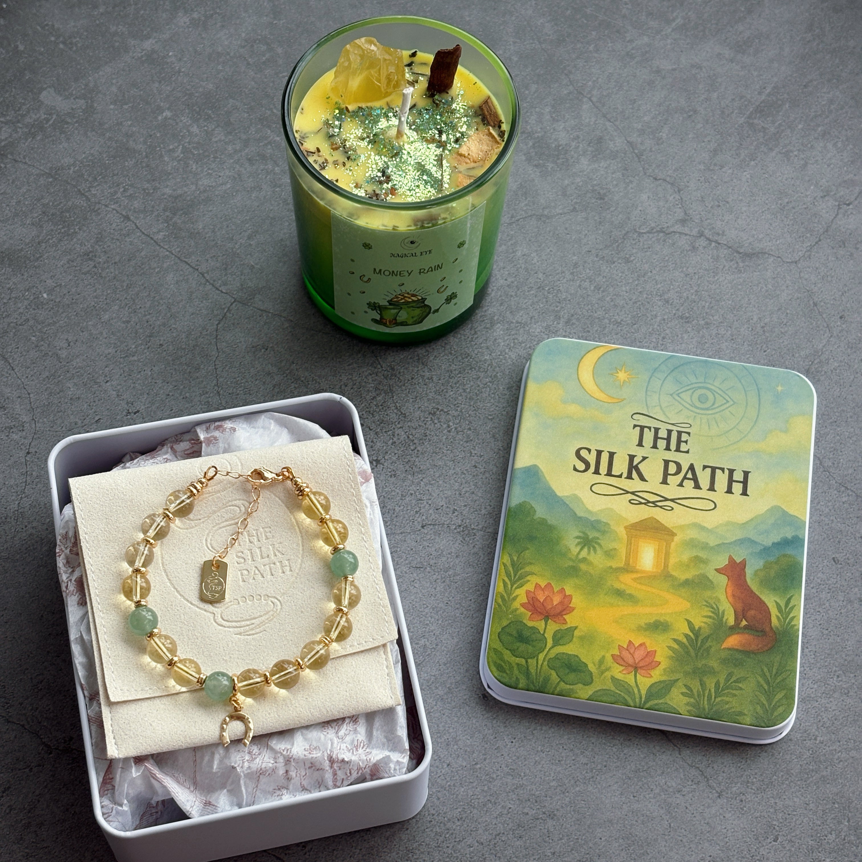Golden Alchemy Ritual Set Abundance Candle Citrine Bracelet