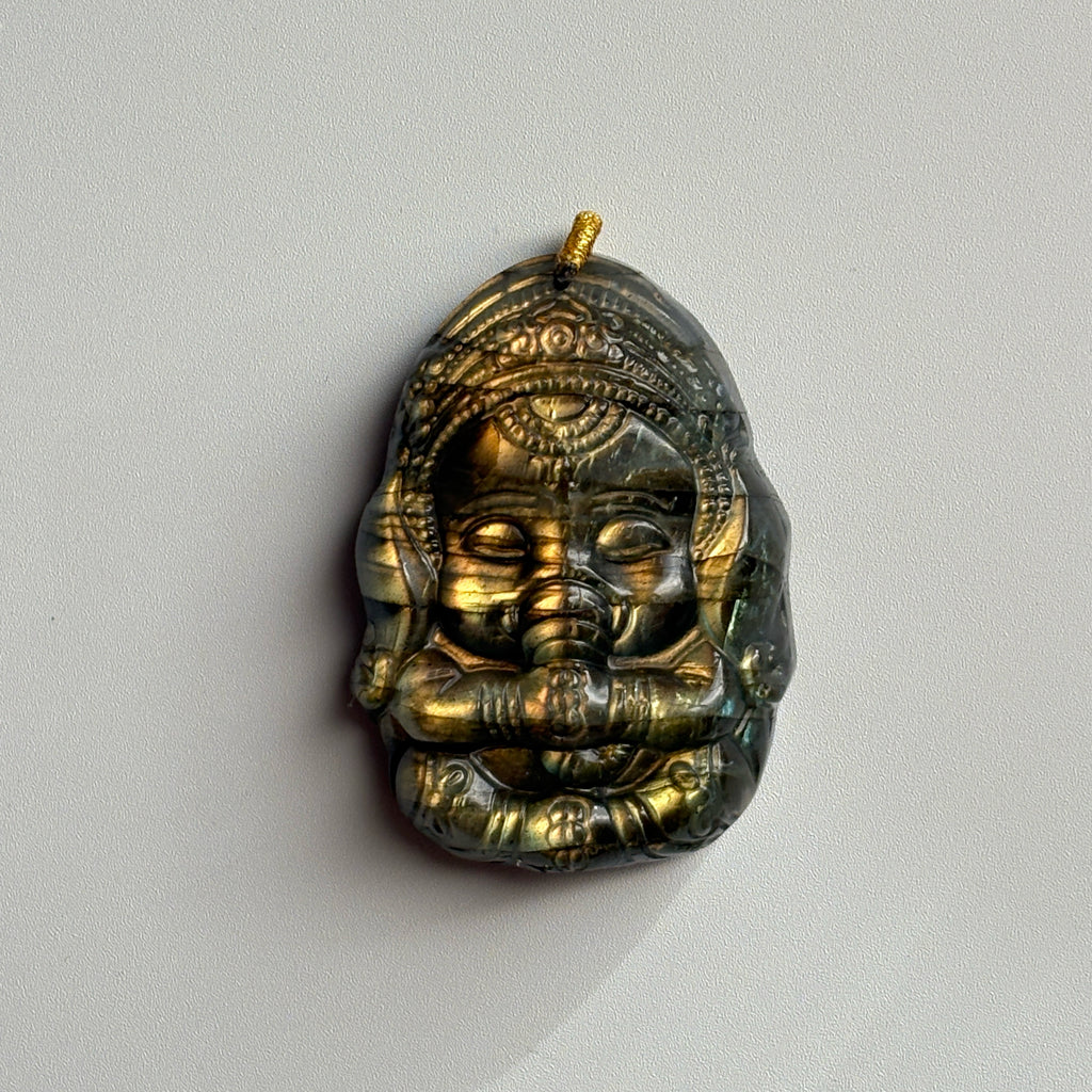 Sentinel Hand Carved Shadow and Light Ganesha Labradorite Pendant