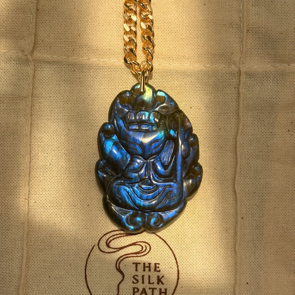 Spiritual Animal Fox King Hand Carved Blue Labradorite Talisman Pendant
