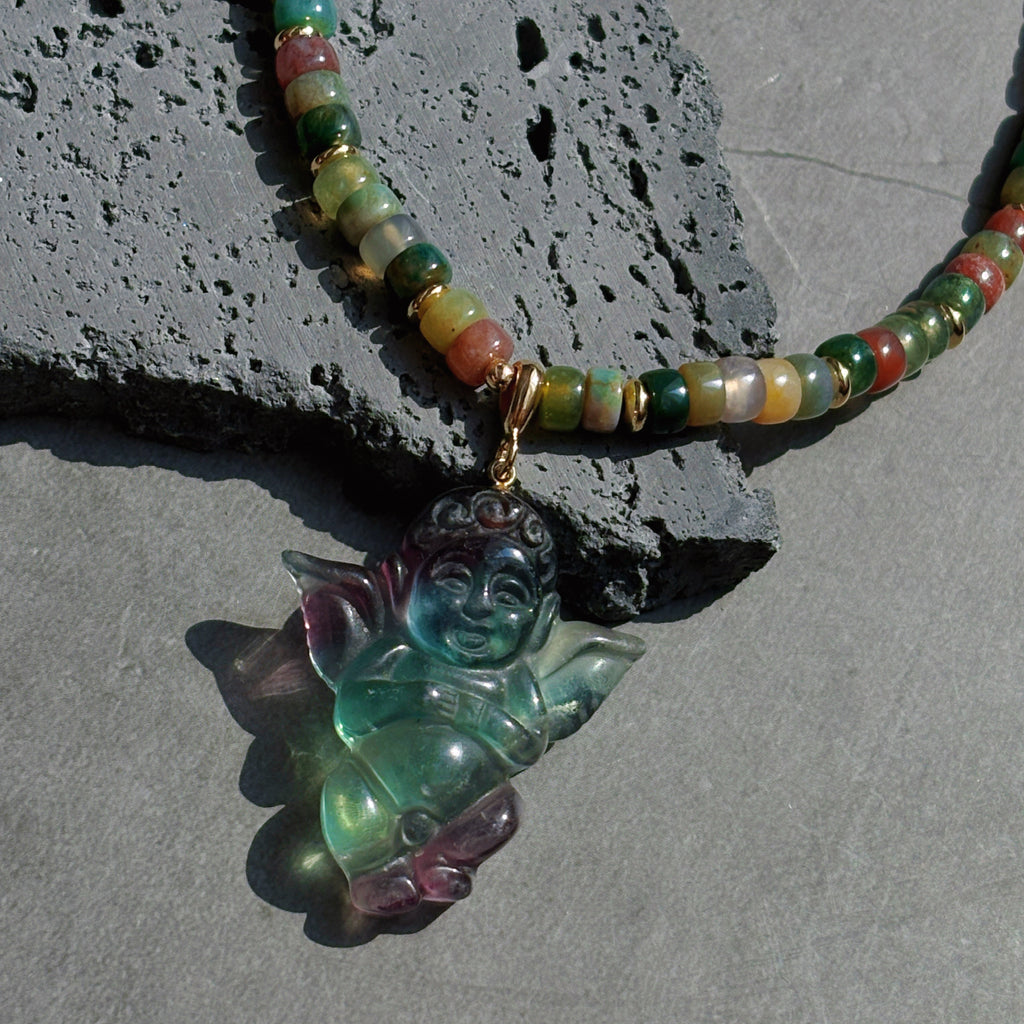 Sentinel Forest Guardian Angel Moss Agate Fluorite Necklace