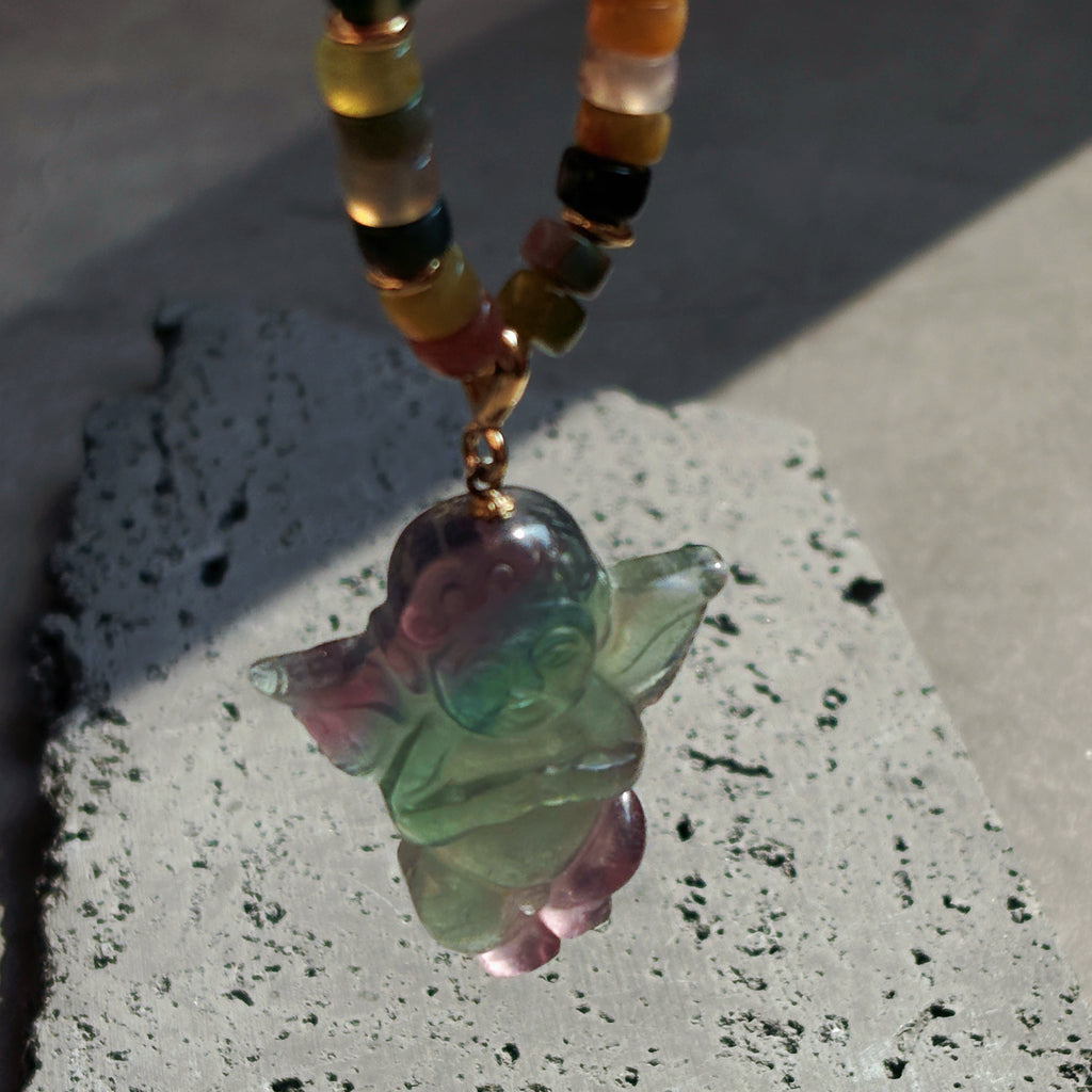 Sentinel Forest Guardian Angel Moss Agate Fluorite Necklace