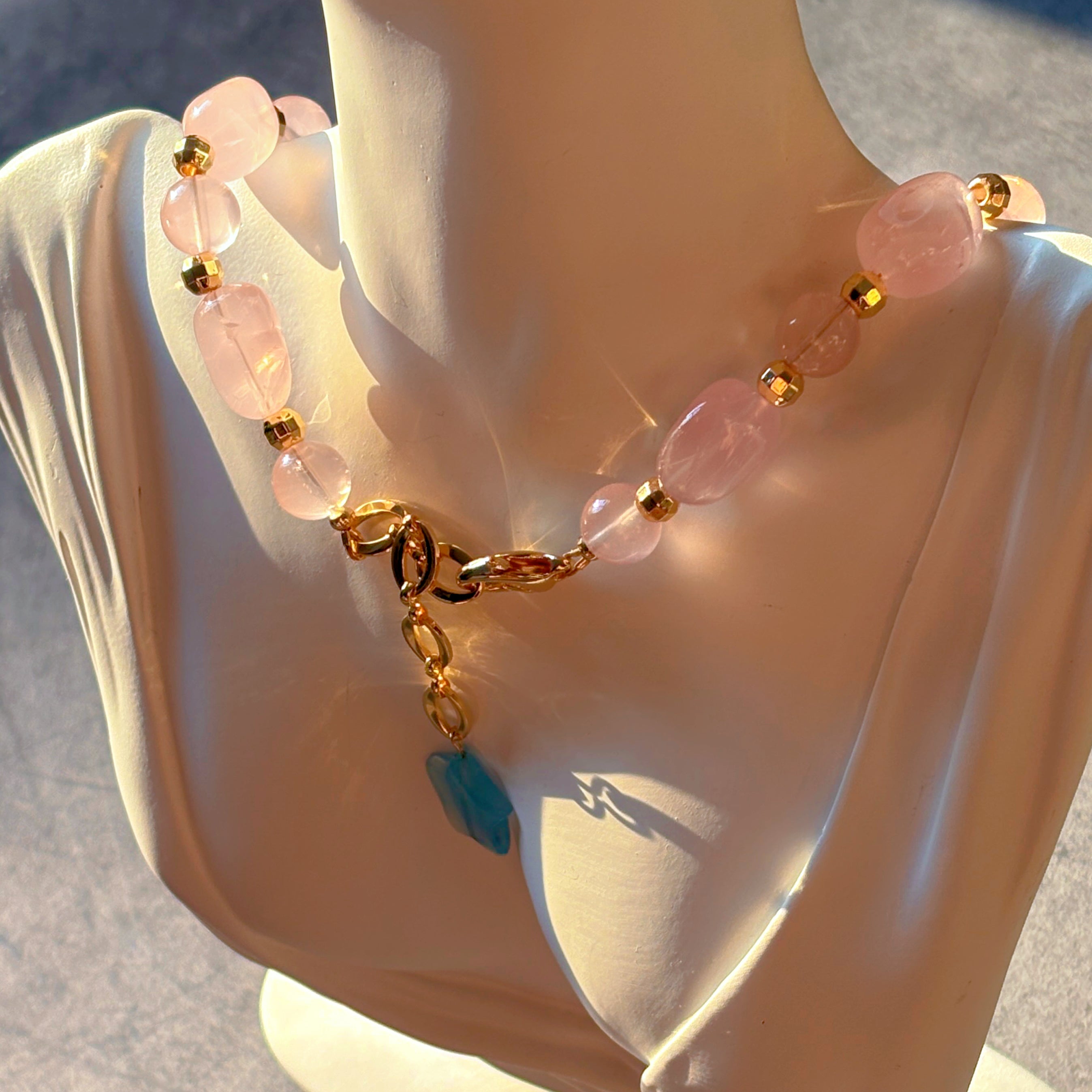 Healing Series Luminous Bloom Rose Quartz Aquamarine Gentle Love Necklace