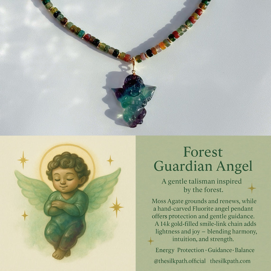 Forest Guardian Angel Moss Agate Fluorite Crystal Necklace