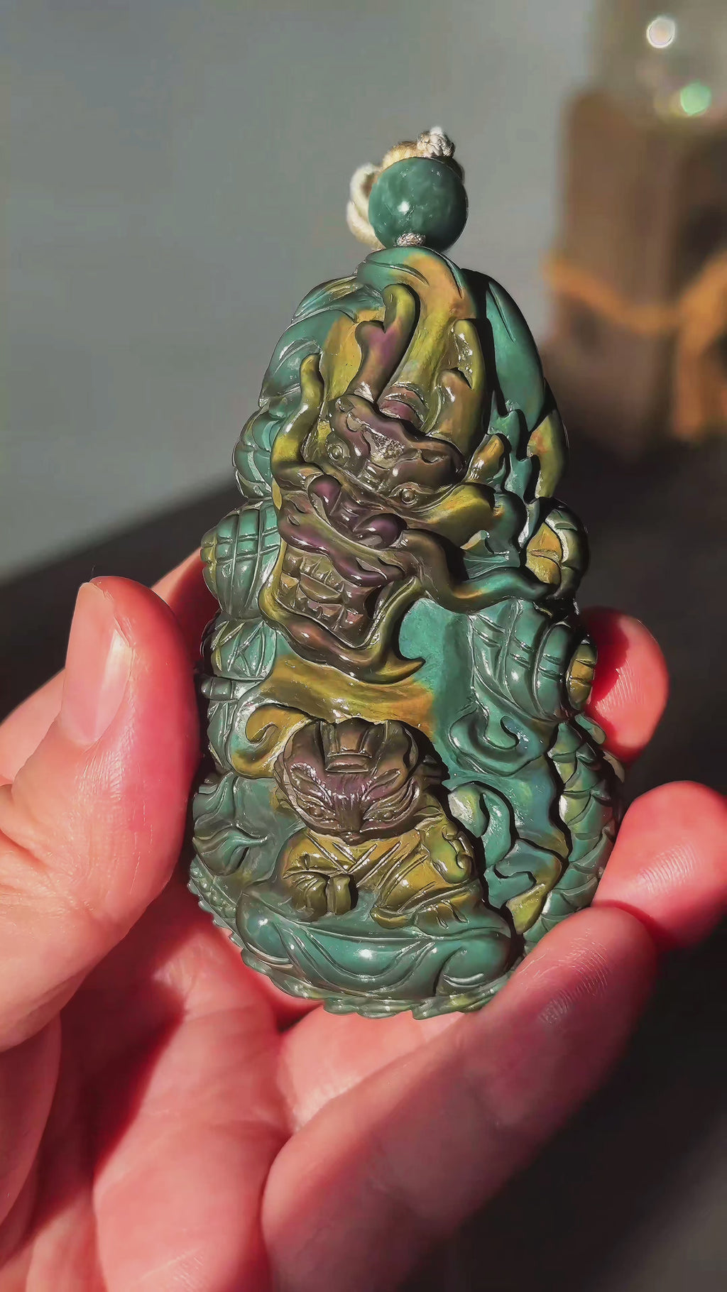 Spiritual Animal Dragon Fox Guardian Hand Carved Rainbow Obsidian Pendant