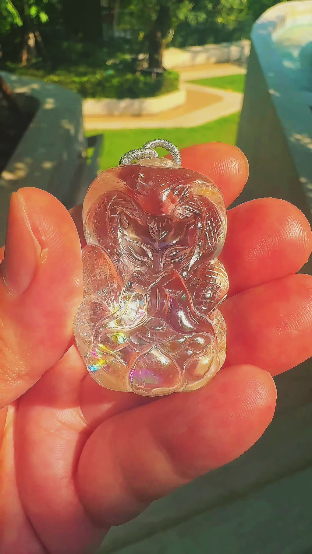 Spiritual Animal Hand Carved Rainbow Quartz Fox Serpent Talisman Pendant